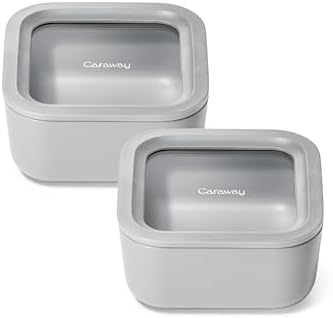 Caraway 2pc Glass Food Storage Set - 4.4 Cup Food Containers (2) - Ceramic Coated - Non Toxic, Non Stick Lunch with Lids - Dishwasher, Oven, & Microwave Safe - Gray
