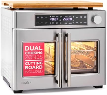 Ivation Dual Zone Air Fryer French Door Oven - 32 Quatity Convection Toaster Combo, 10-in-1 Multifunction Up to 450° - 1800W - Temperature Control, Timer - Stainless Steel - Dehydrate, Bake, Roast