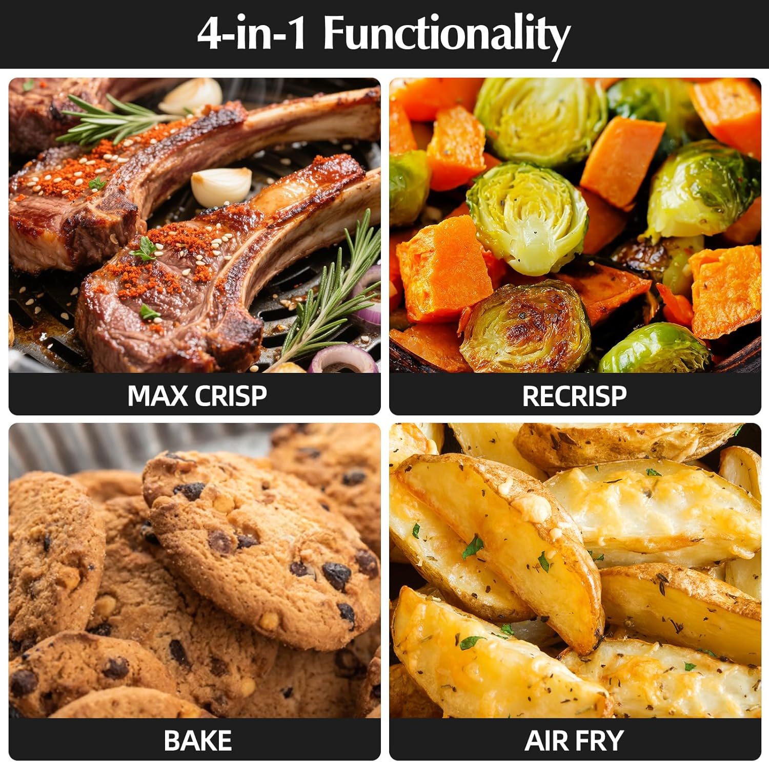 4-in-1 Portable Glass Air Fryer, 140–400°F Precise Heat, Max Crisp Technology, 4.2QT & 1.6QT Dual Containers with Lids, Freezer & Dishwasher Safe, Bake, Recrisp, Air Fry