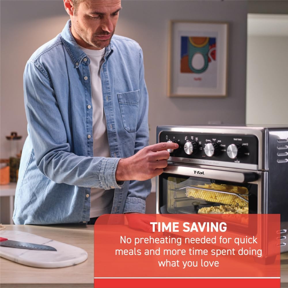 T-fal 9 in 1 Toaster Oven Air Fryer Combo Stainless Steel Convection Countertop Oven, Fast Heatup, 7 Pound Chicken Capacity, Extra Crispy Results, Toast, Bake, Air Fry, Reheat, Broil