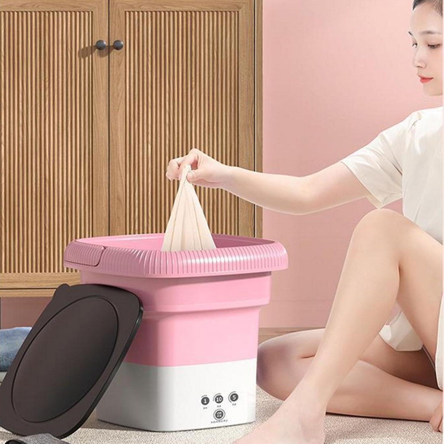 Portable Washing Machine, Mini Foldable Washer with Spin Dryer, 10L Mini Laundry Washer with 3 Modes Cleaning for Underwear Socks, Compact Small Washing Machine for Camping Travel Apartment (Pink)