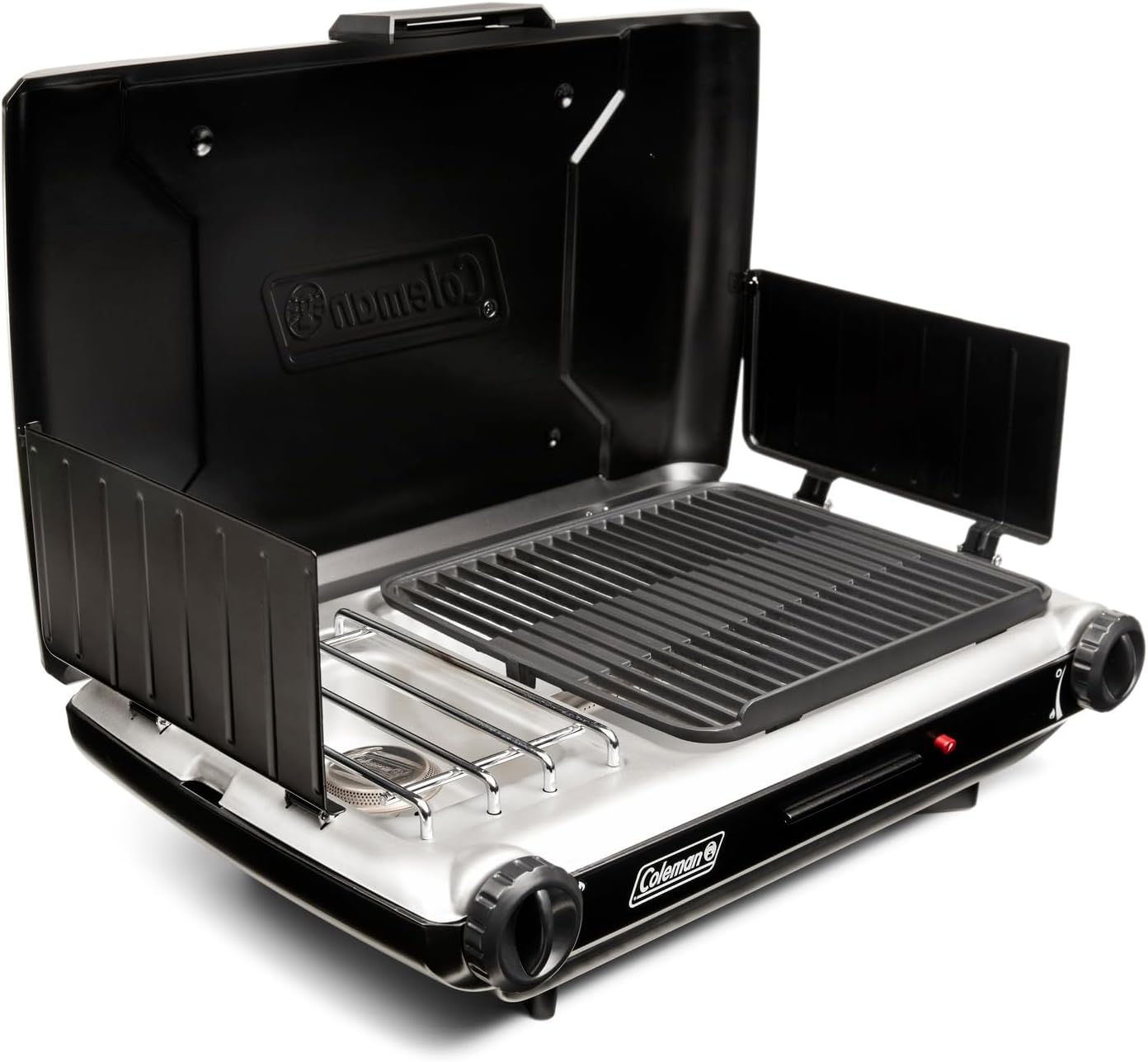 Coleman Tabletop 2-in-1 Grill & Stove with 2 Adjustable Burners, Propane Grill/Stove with Push-Button Starter, Wind Guards, Grease Tray, & 20,000 BTUs of Power for Camping, Tailgating, & More