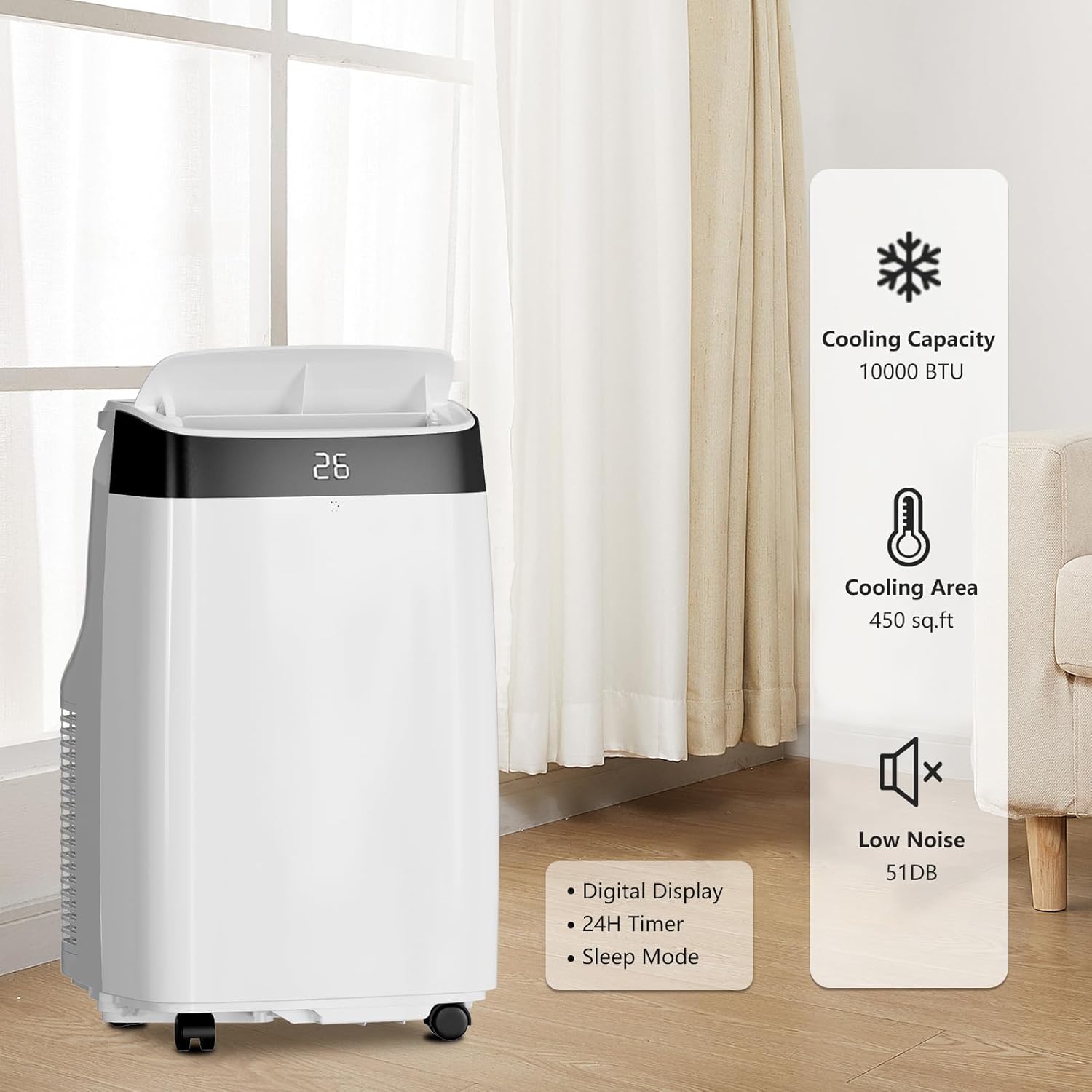 Portable Air Conditioners 10000 BTU, 3-in-1 Freestanding AC with Remote Control for Room up to 450 Sq. Ft., Digital Display, Window Installation Kit, 24H Timer, Sleep Mode