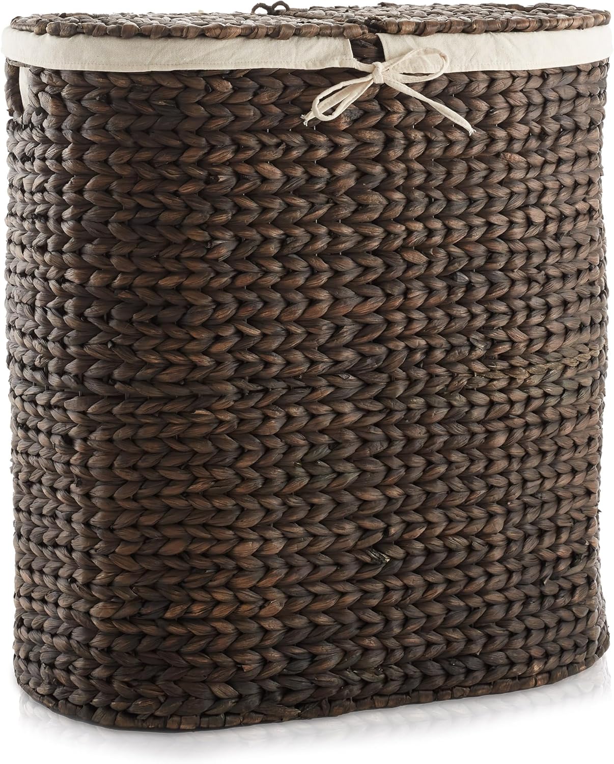 Casafield Oval Laundry Hamper with Lids and Removable Liner Bags - Espresso Dark Brown, Woven Water Hyacinth 2-Section Laundry Basket Clothes Sorter
