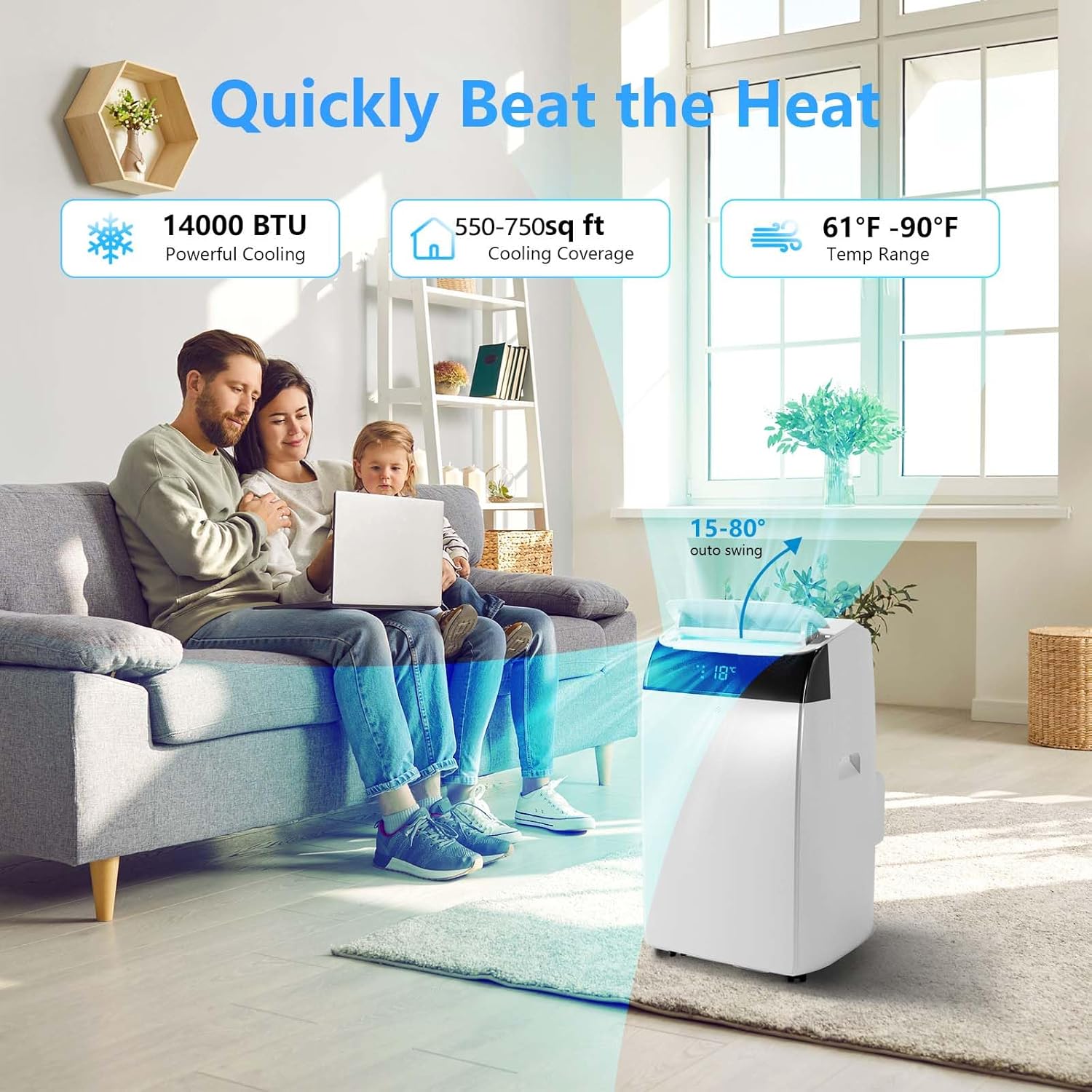 PULLAFUN 14,000 BTU Portable Air Conditioner,Powerful Cooling up to 750 Sq.Ft,3-in-1 with Dehumidifier & Fan, Energy Efficient, Ultra-Quiet Operation, Remote Timer Control for Home, Office, School