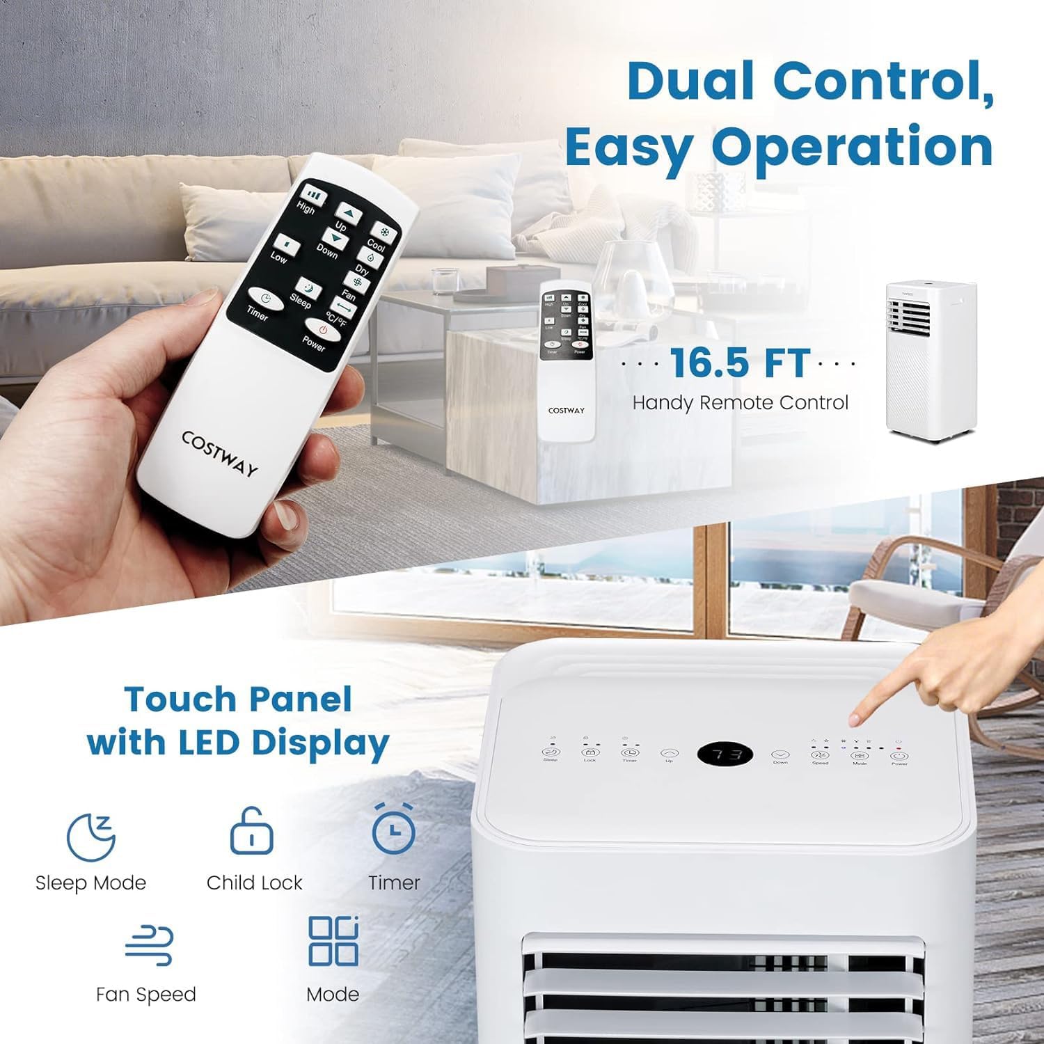 LDAILY Portable Air Conditioners, 4-in-1 Quiet Air Cooler with Fan, Dehumidifier, Sleep Mode, Remote, Touch Screen, 1-24 Timer, AC Unit for Bedroom, Home, up to 350 Sq.Ft (White, 10000 BTU)