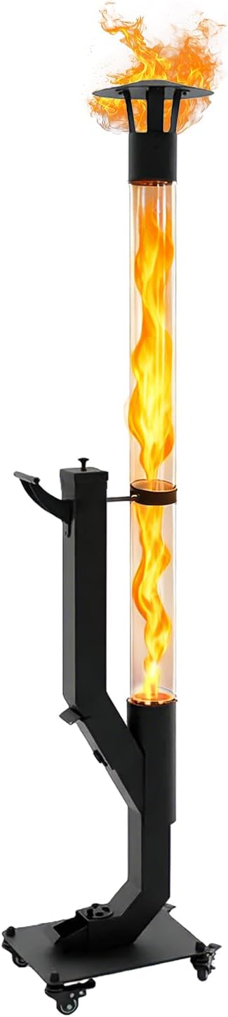 Smokeless Wood Pellet Patio Heater with Rain Cap, 64 Inch Spiral Flame Fire Pit for Outdoor/Garden/Backyard, Anti-Tip Steel Base & Adjustable Feet, 2+ Hrs Burn & Removable Ash Pan with Wheel