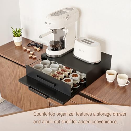 Steel Microwave Stand with Pull-Out Drawers & Shelves | Countertop Organizer for Compact Microwaves, Coffee Station & Kitchen Appliance Storage (Black+Drawer+Shelf)