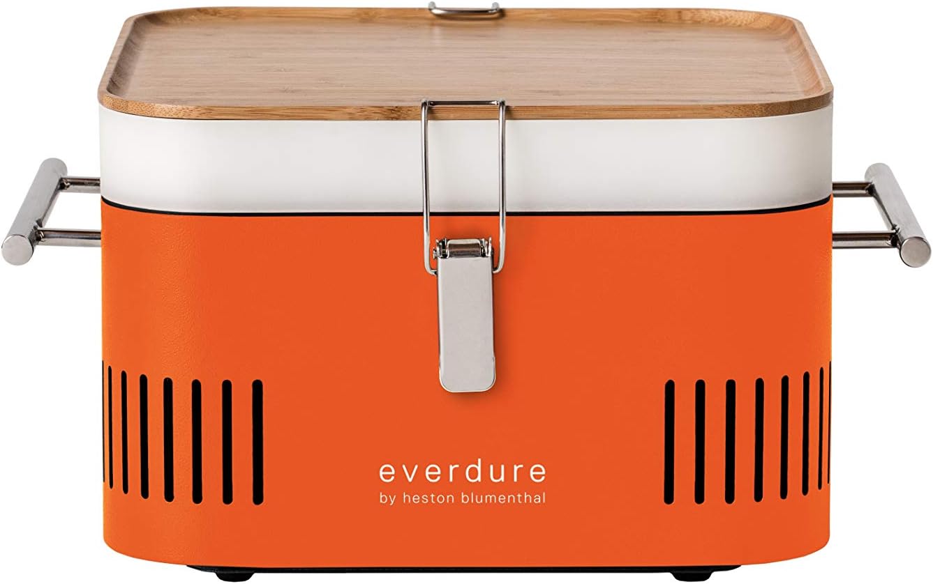 Everdure Cube Portable Charcoal Grill, Tabletop BBQ, Perfect Tailgate, Beach, Patio, or Camping Grill, Lightweight & Compact Small Grill with Preparation Board & Food Storage Tray, Orange