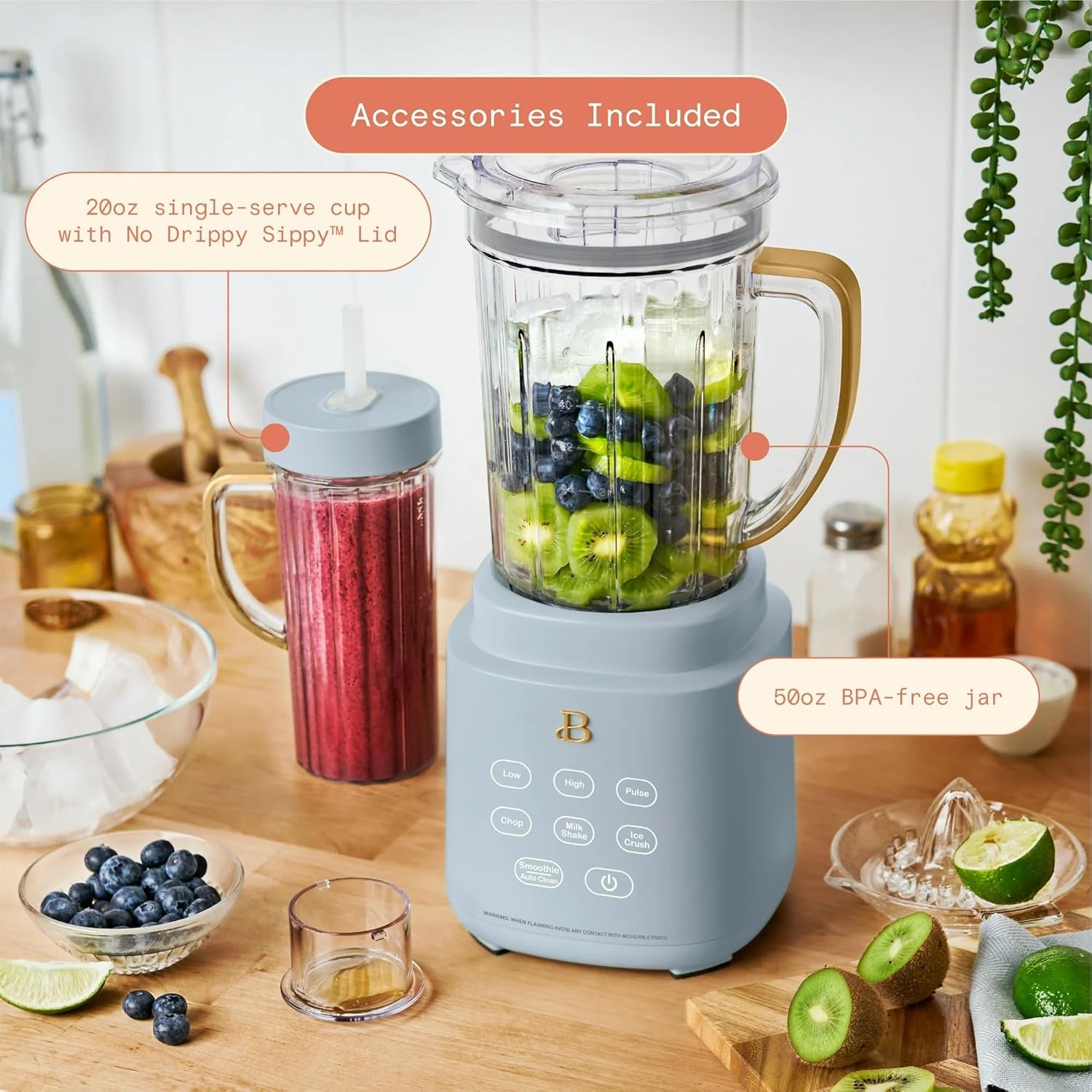 PowerExact Blender System by Drew Barymorre, 700-Watt, PrecisionSense™ Tech, 3 Speeds, 4 Presets, 50oz Tritan Jar + 20oz Cup, Touch Display, Ice Crush & Smoothie (Cornflower Blue)