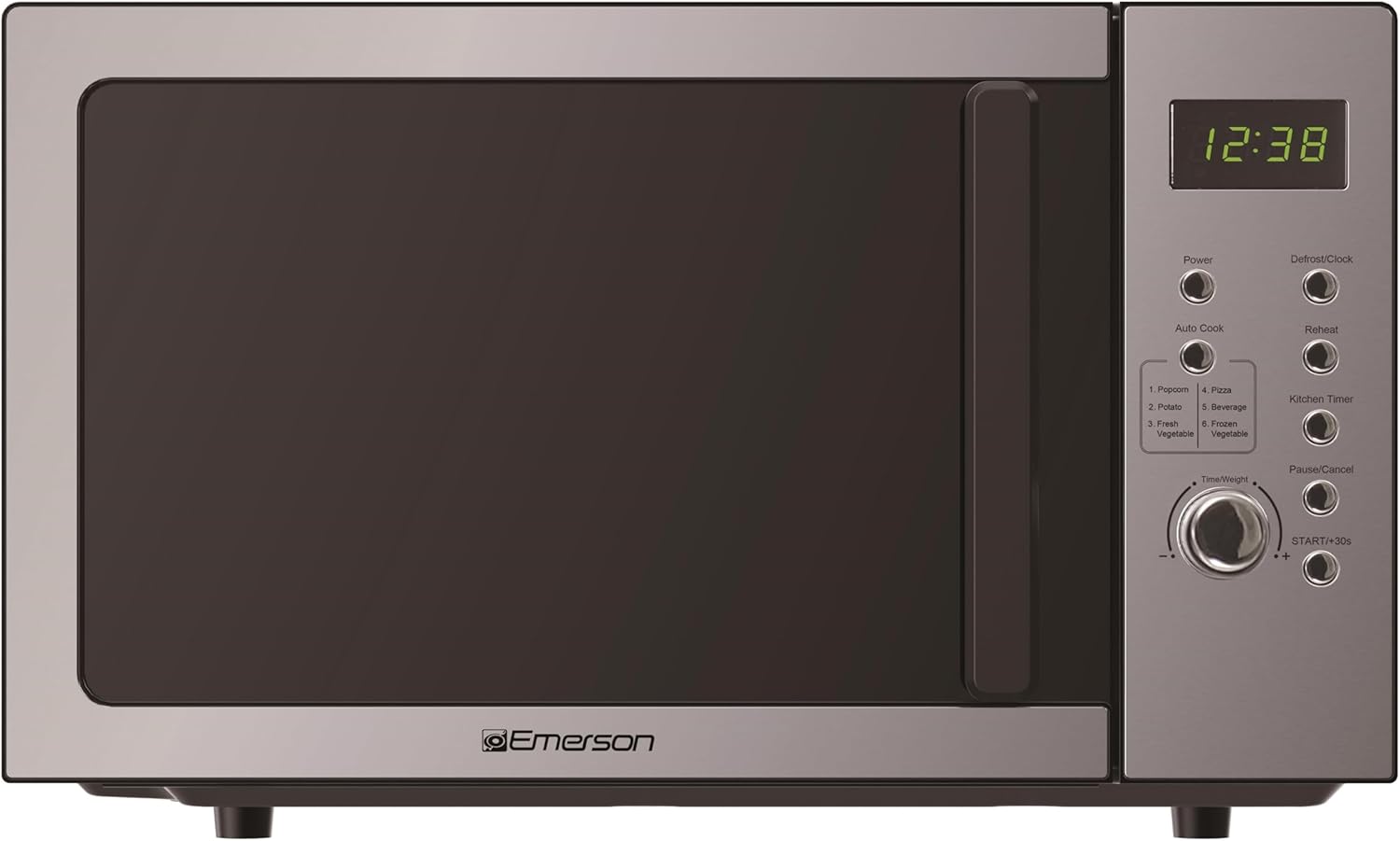 Emerson MW9005SS Compact Countertop Microwave Oven with Push Button Control, LED Display, 900W, 5 Power Levels, 6 Auto Menus, Glass Turntable and Child Safe Lock, 0.9 Cu. Ft., Stainless Steel