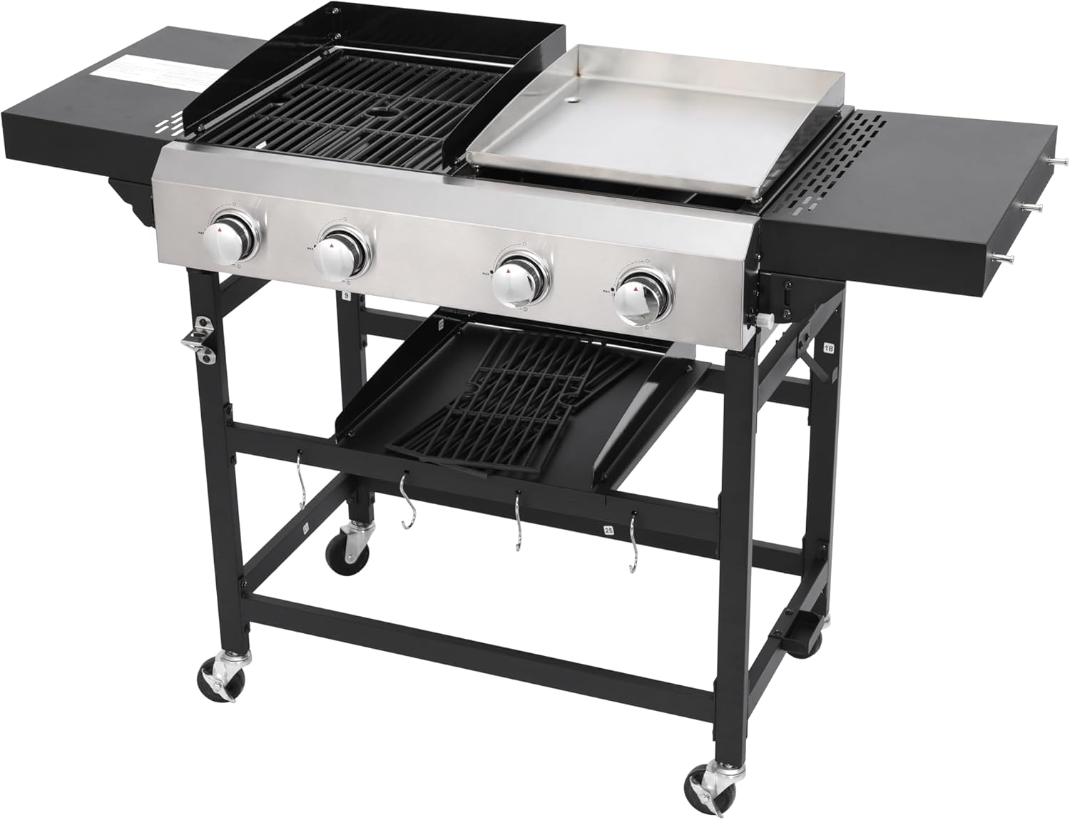 4-Burner Propane Gas Grill and Griddle Combo, 38200 BTU Outdoor BBQ Griddle with Cast Iron Grates and Foldable Side Table, Portable Outdoor Cooking for Patio, Camping, Garden
