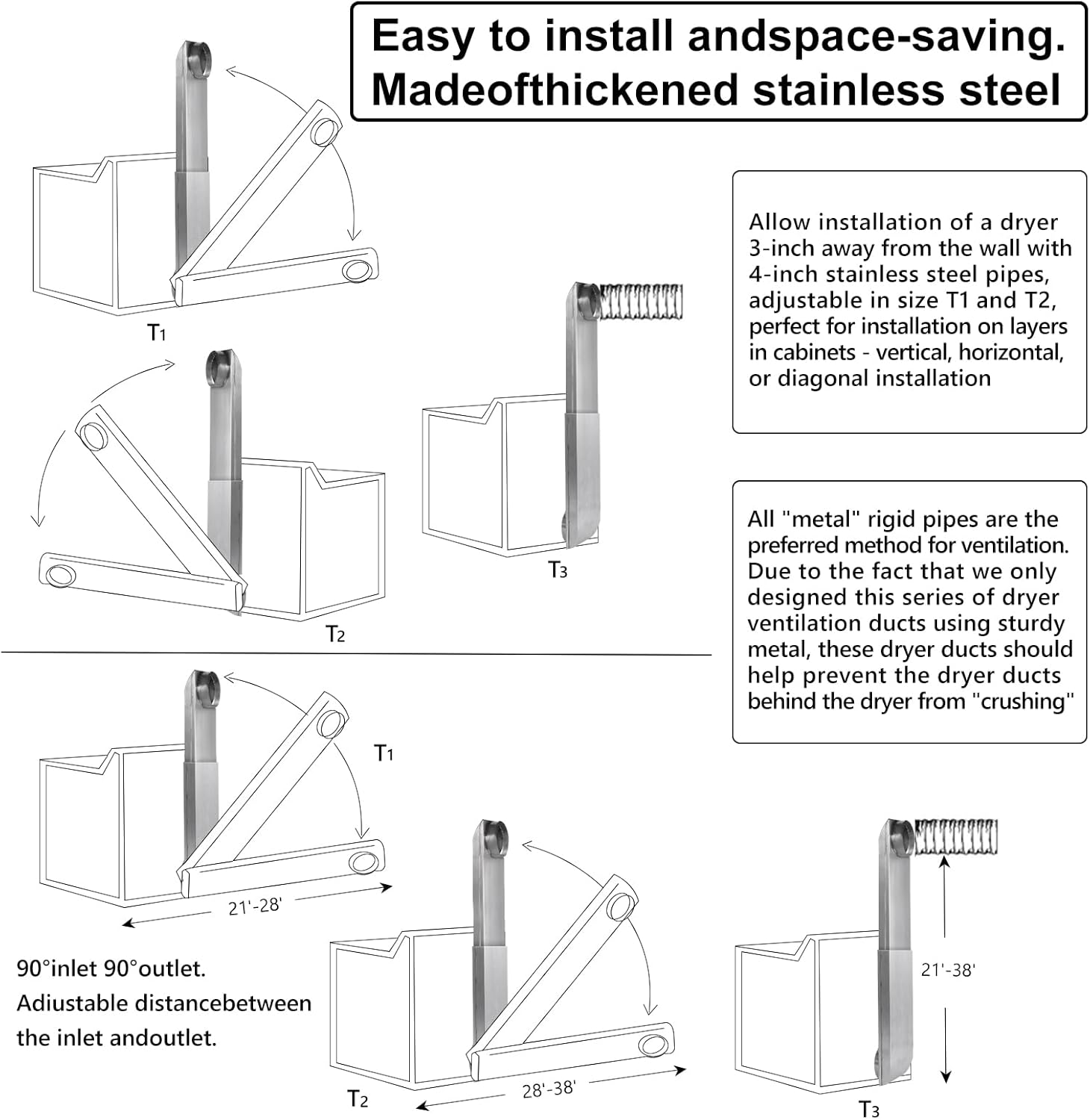 OEM Upgraded 21-38 in Adjustable Periscope Dryer Vent,Telescoping Dryer Vent Kit, Fit for all 4in Dryer Vent Outlet,for tight space square duct dryer vent pipe, stainless steel Dryer Vent