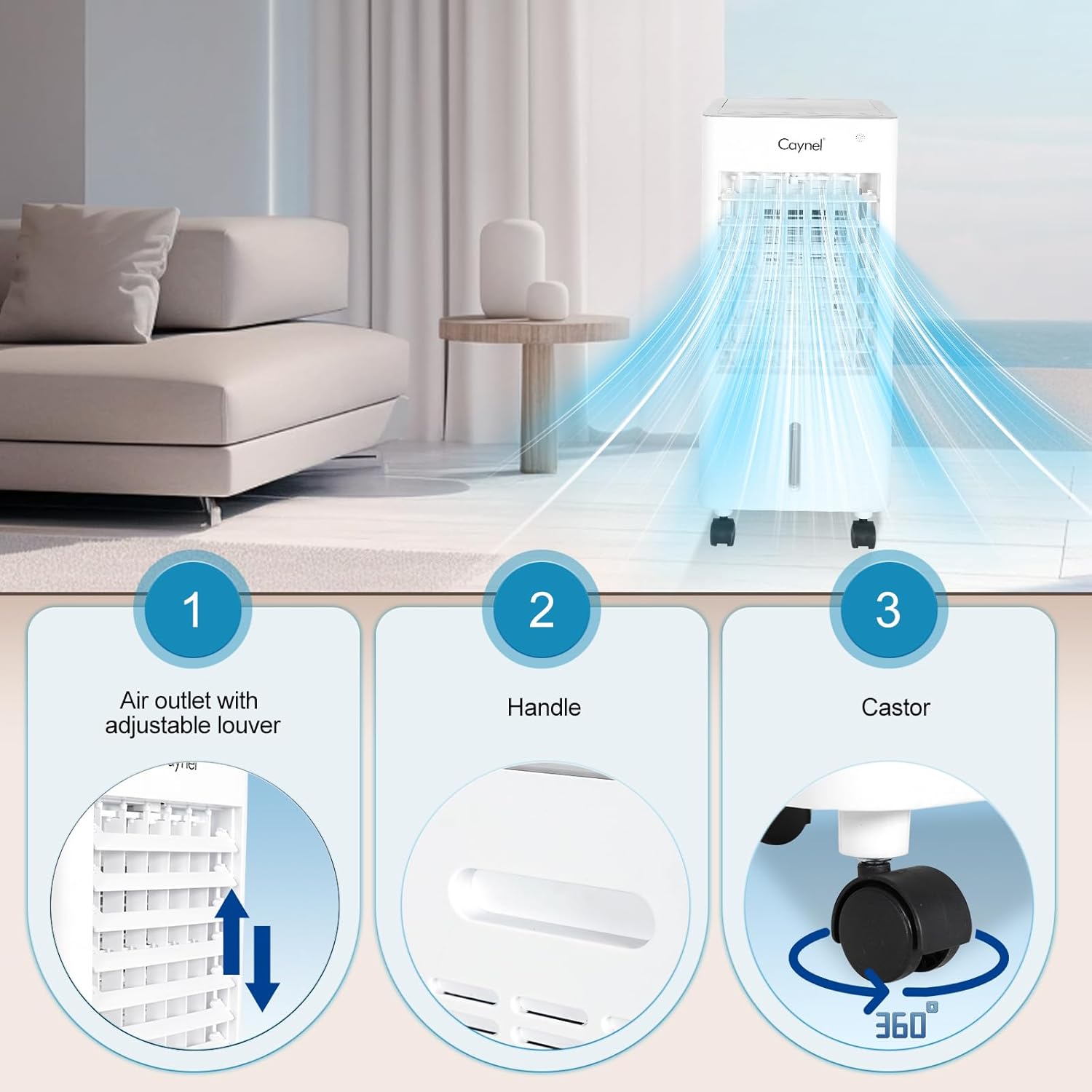 CAYNEL Portable Air Conditioners w/Remote, 4 Modes & 3 Speeds,1.45-Gal Tank Windowless Air Conditioner for 20H Cooling, 7.5H Timer for Auto Off,3-IN-1 Evaporative Air Cooler for Room Bedroom Office