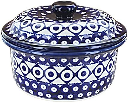 Blue Rose Polish Pottery - Blue Xandra Round Baker with Lid - 4 Cup Capacity - Unique, Dishwasher Safe, & Durable Bakeware