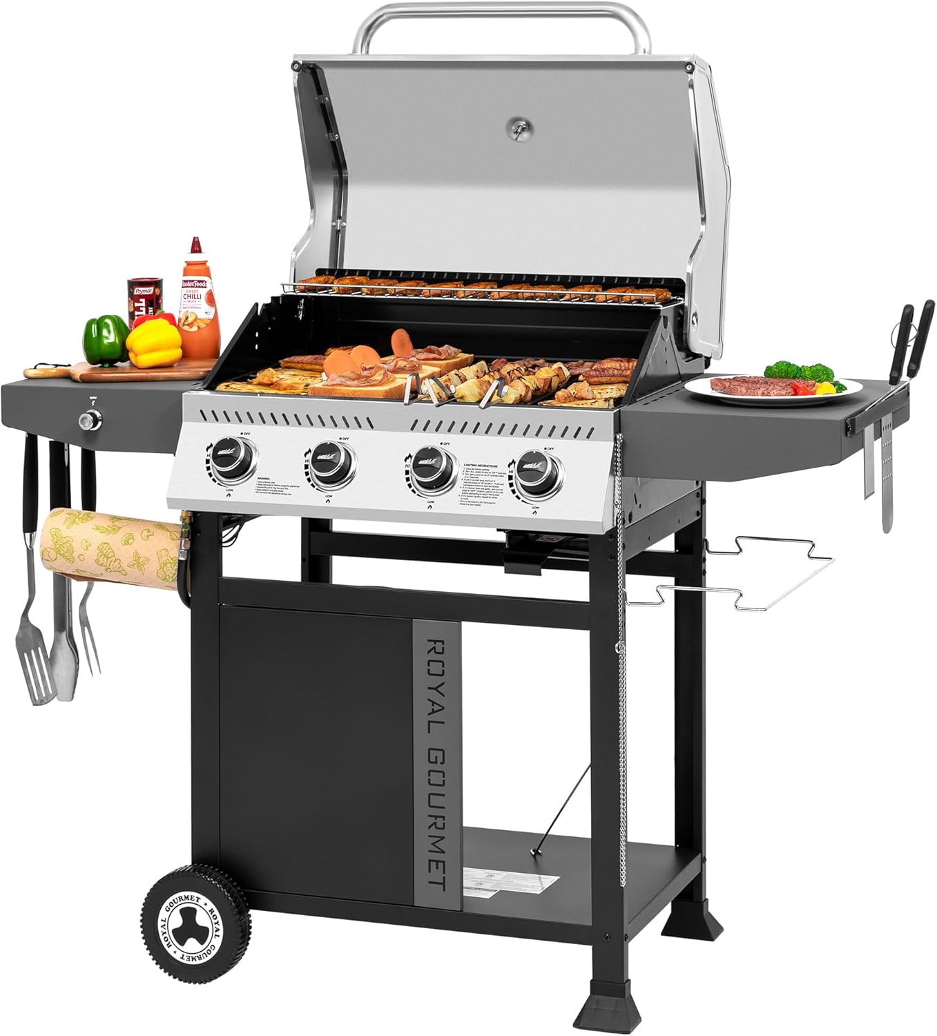 4-Burner Propane Gas Grill with Side Tables, Cart Style BBQ Grill with Stainless Steel Lid and Tool Holders, 40,000 BTU, Porcelain-Enameled Cast Iron Grates, Silver & Black, GA4405TS-SC