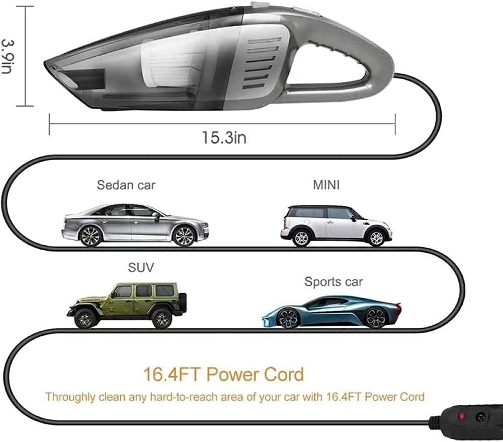 Portable Vacuum Cleaner Hand Vacuum 120W 6000PA High Power Handheld Vacuum Cleaner with 16.4FT Cord, Black, Plastic with Removable Dustbin, Closable Dustbin, Car Handheld Vacuum