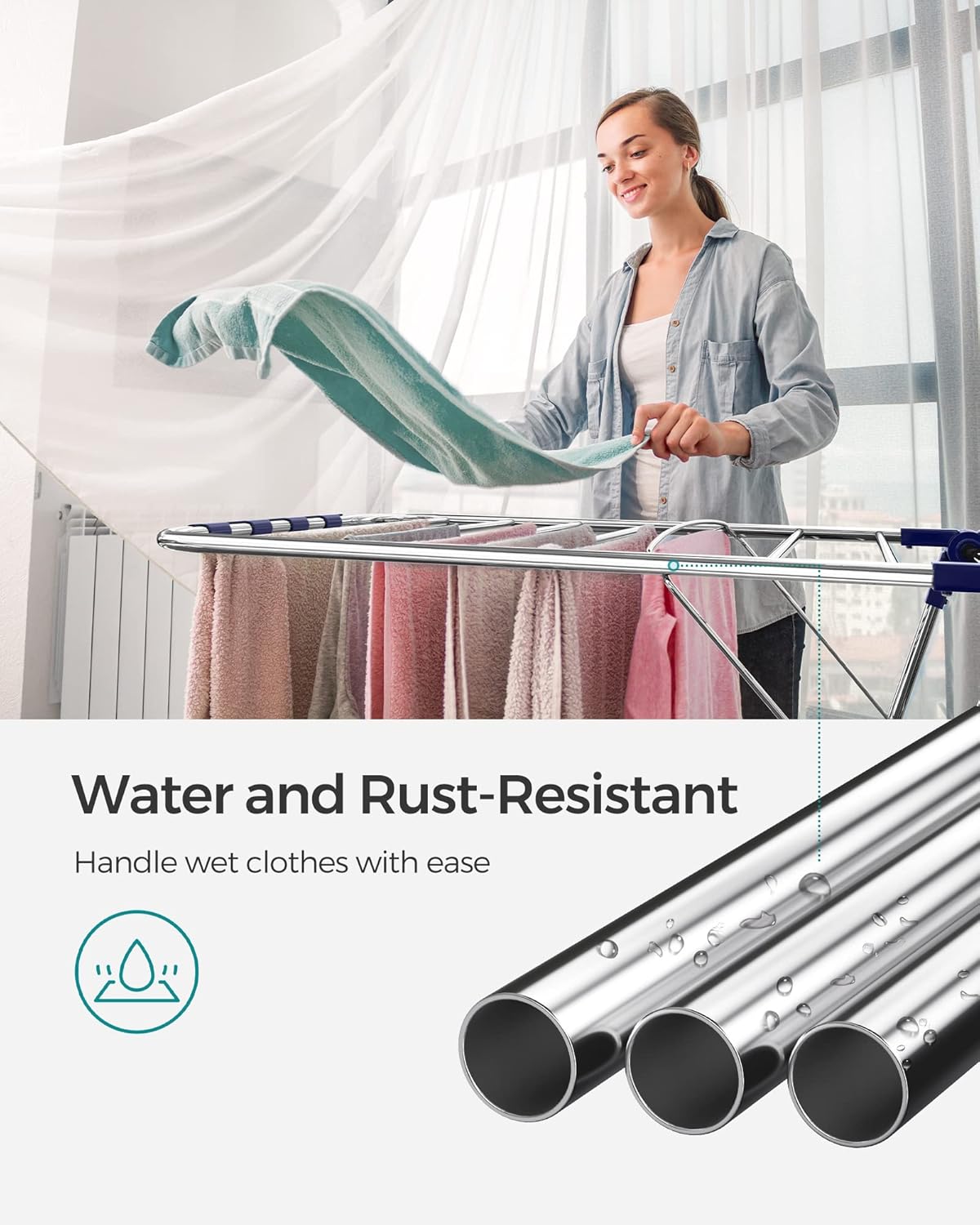 SONGMICS Clothes Drying Rack, with Sock Clips, Metal Laundry Rack, Foldable, Space-Saving, Free-Standing Airer, with 2 Height-Adjustable Gullwings, Indoor Outdoor Use, Silver and Blue ULLR52BU