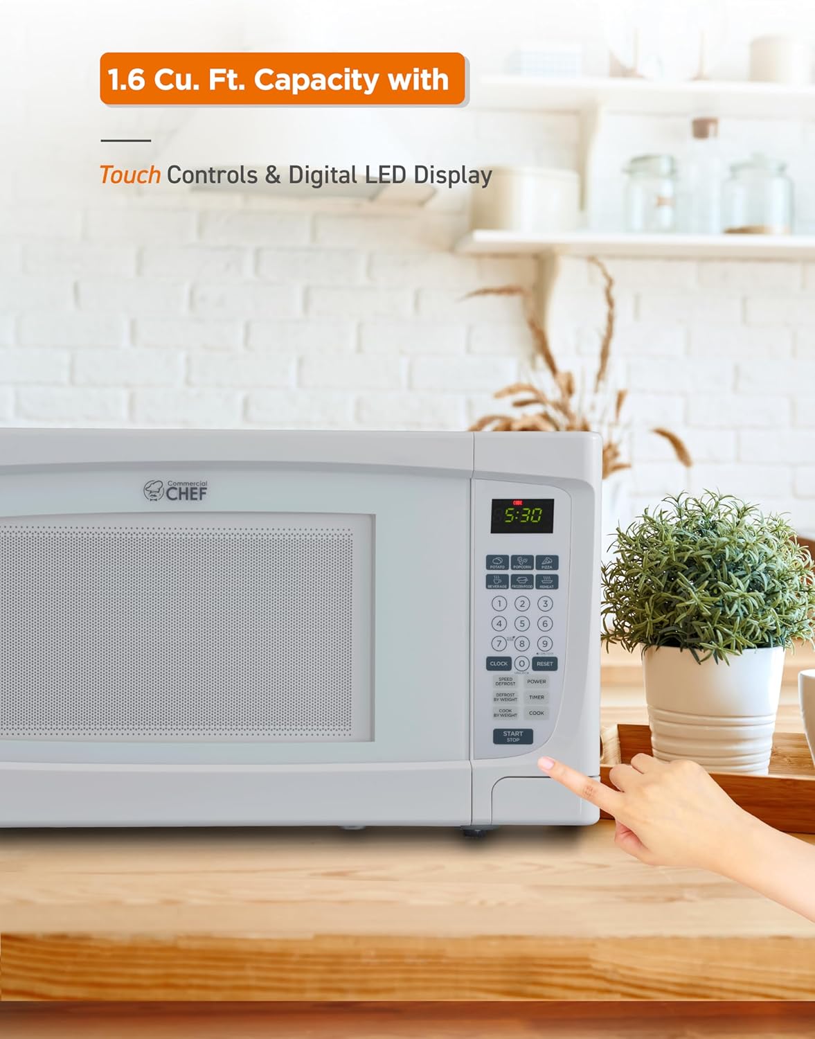 COMMERCIAL CHEF 1.6 Cubic Foot Microwave with 10 Power Levels, Small Microwave with Push Button, 1000 Watt Microwave with Digital Control Panels, Countertop Microwave with Timer, White