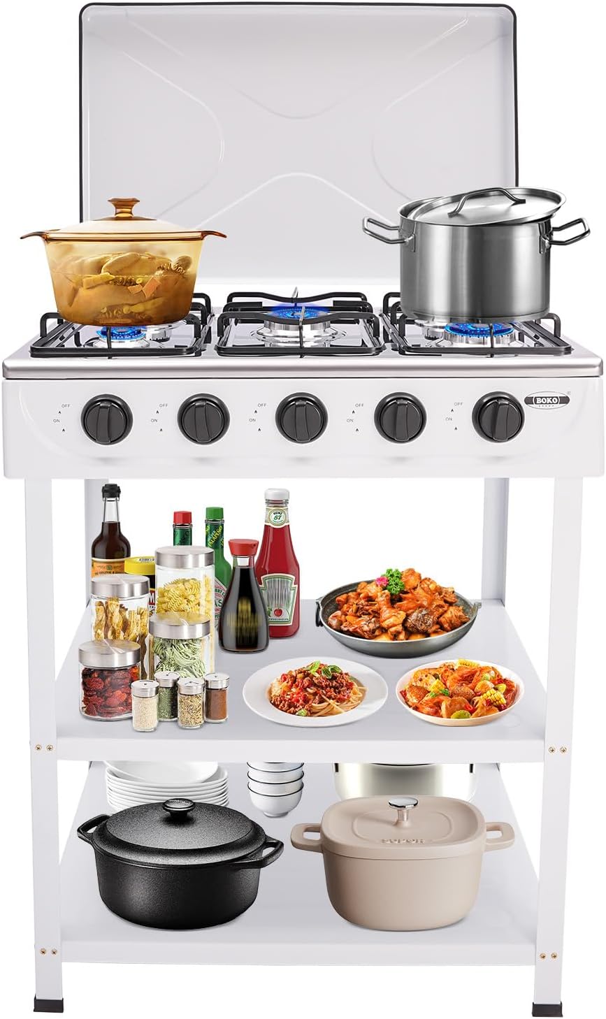 1PCS Gas Grill,5 Burner Propane Burner,Auto Ignition Camping Stove Portable with Removable Leg Gas Stove for RV, Apartment, Outdoor Cooking(White)