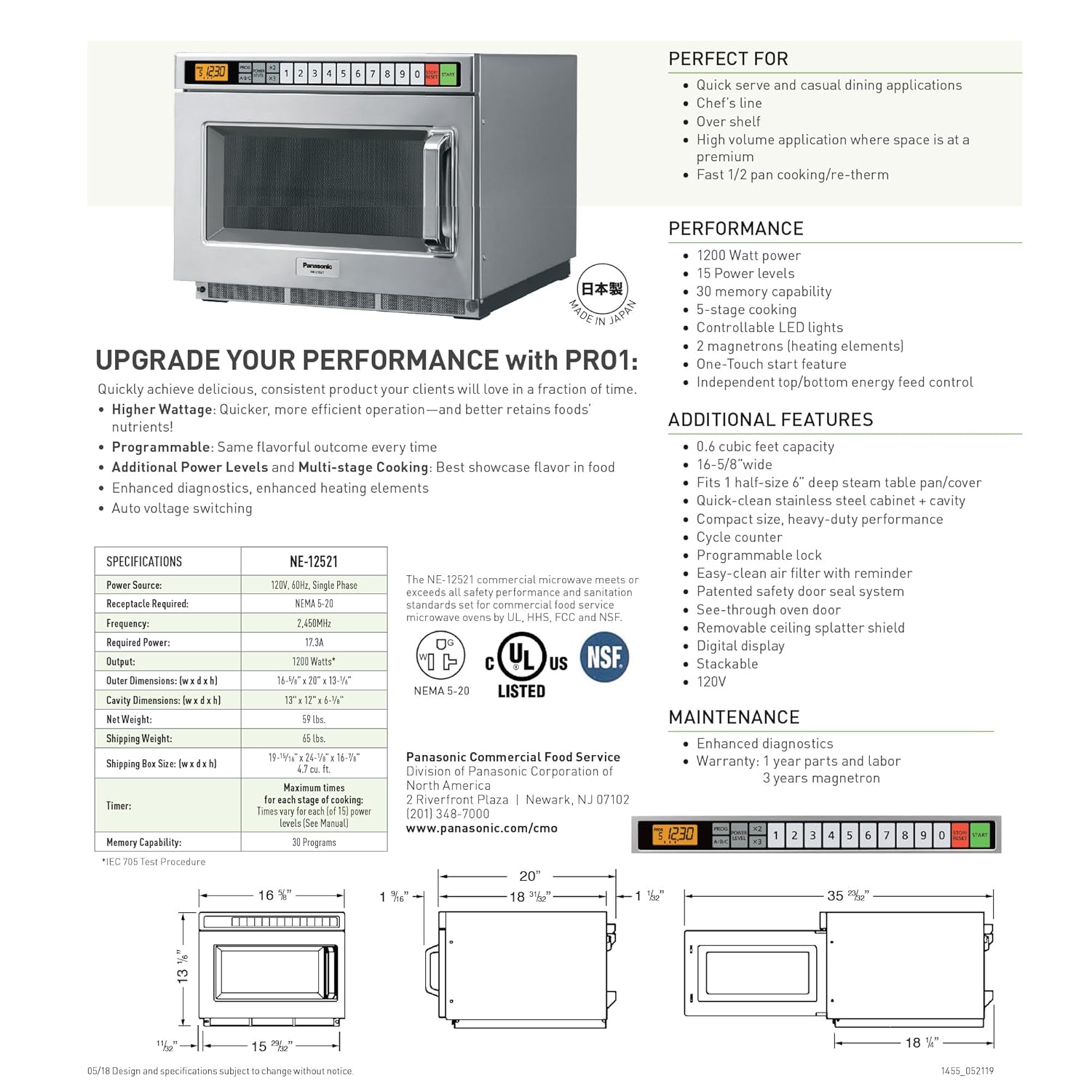 Panasonic PRO1 Commercial Microwave Oven, Heavy Duty, .6 cu ft 1200W, 5-Stage Cooking, LCD Display, Stainless Steel, Programmable, NSF & UL Approved - NE-12521
