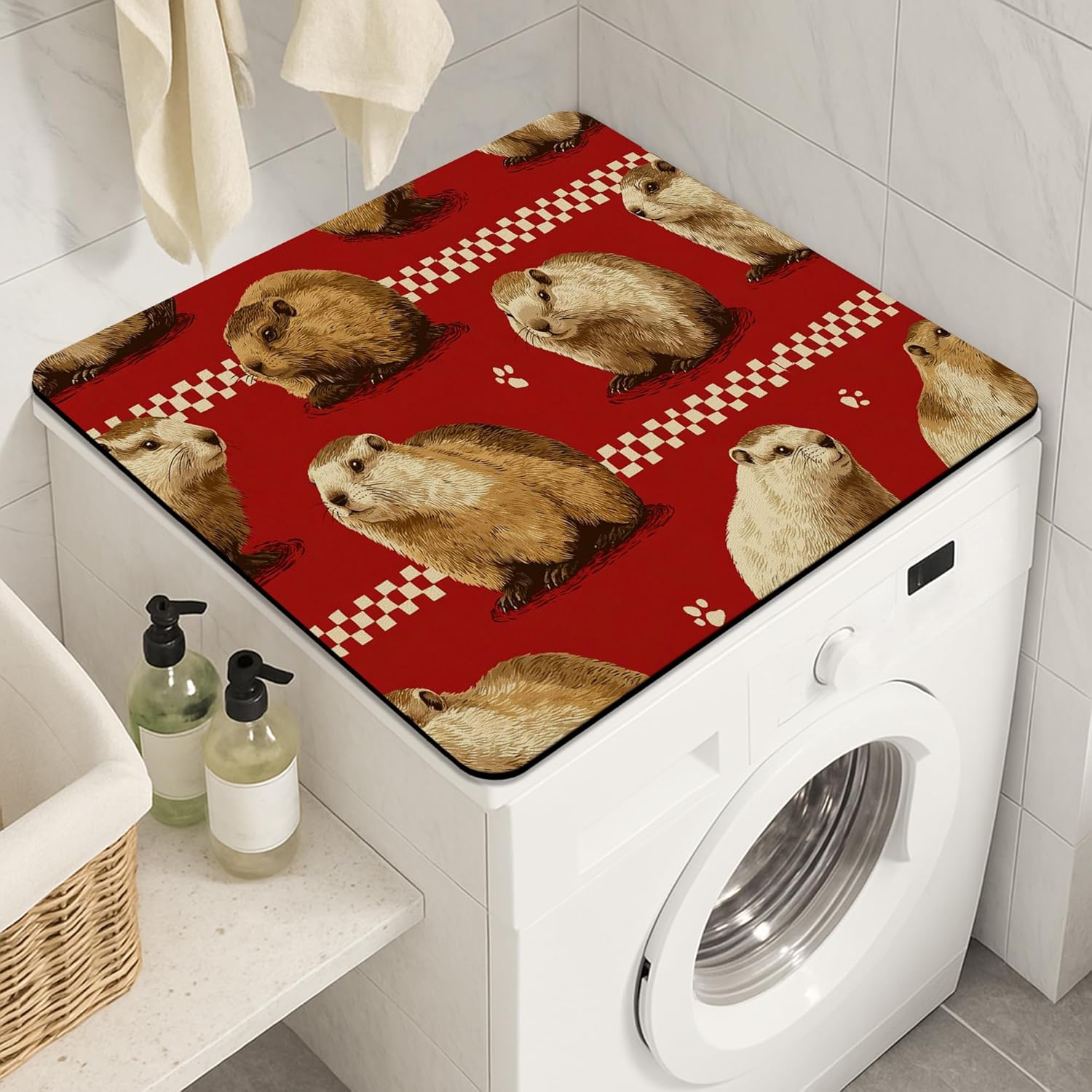 Guinea Pig Washer Dryer Top Protector Mat, Vintage Animal Pattern Laundry Machine Dust Covers, Rustic Rubber Anti-slip Waterproof Washer And Dryer Mats for Home 24x24 Inch