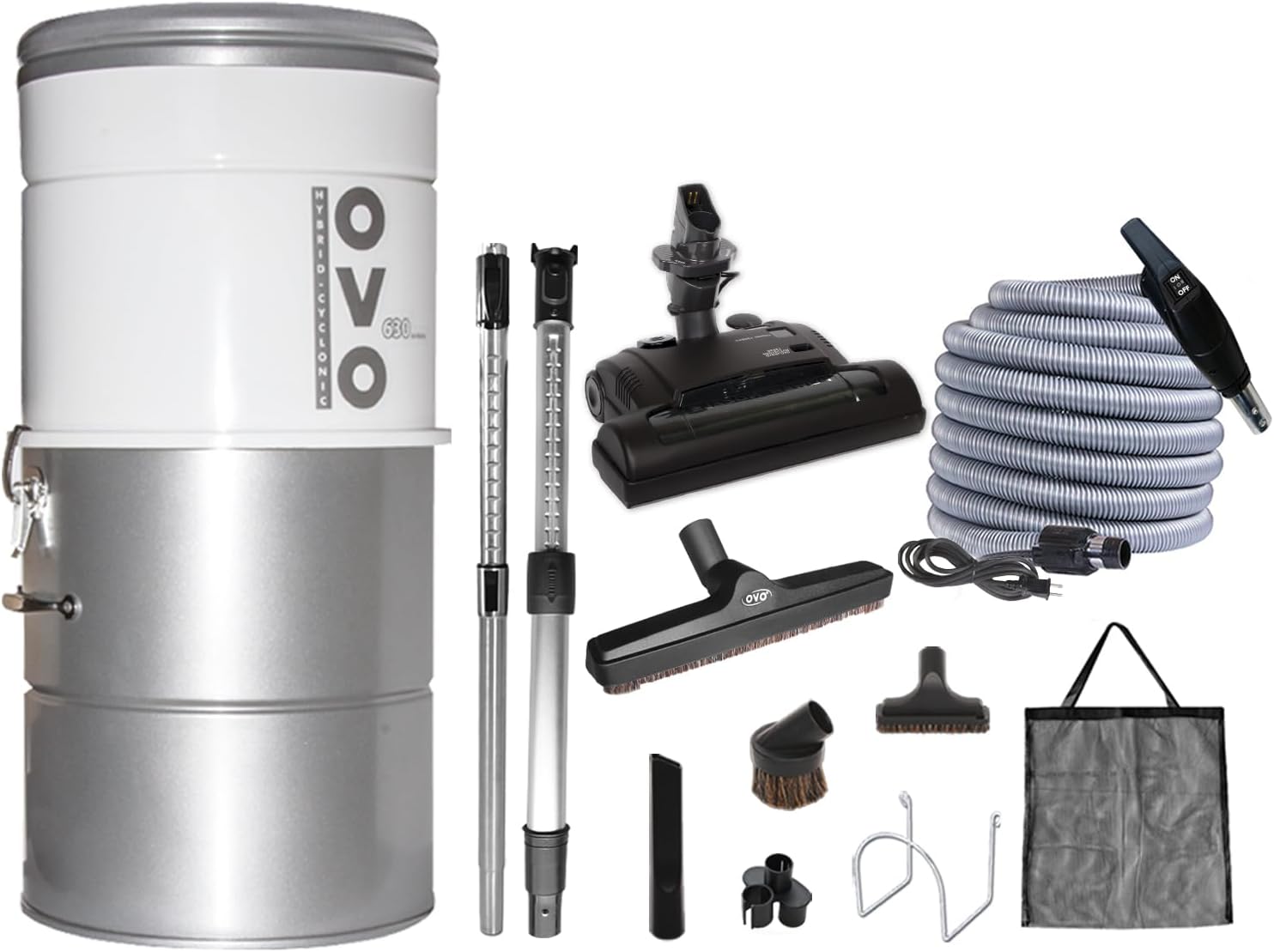OVO Large and Powerful Central Vacuum System, Hybrid Filtration (with or Without Disposable Bags), 25L or 6.6 Gal, 630 Airwatts with 40 ft Carpet Deluxe Accessory Kit Included