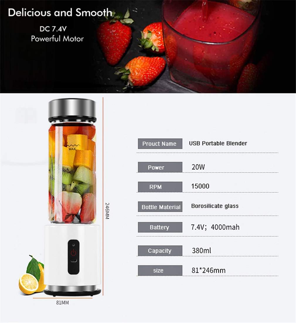 Portable Blender, Mini Blender Smoothie Maker with USB Rechargeable Electric Blender Professional Commercial for Vegetables and Fruit Smoothie Maker Blender Food Processor 4000Mah 380Ml