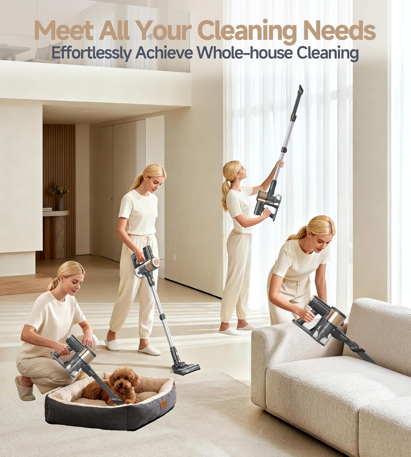 N17 Cordless Vacuum Cleaner, Upgraded Lightweight Stick Vacuum for Home, 45mins Runtime, Powerful Suction, Self-Standing, Anti-tangle, Rechargeable Vacuum for Hard Floor Carpets Pet Hair (Gold)