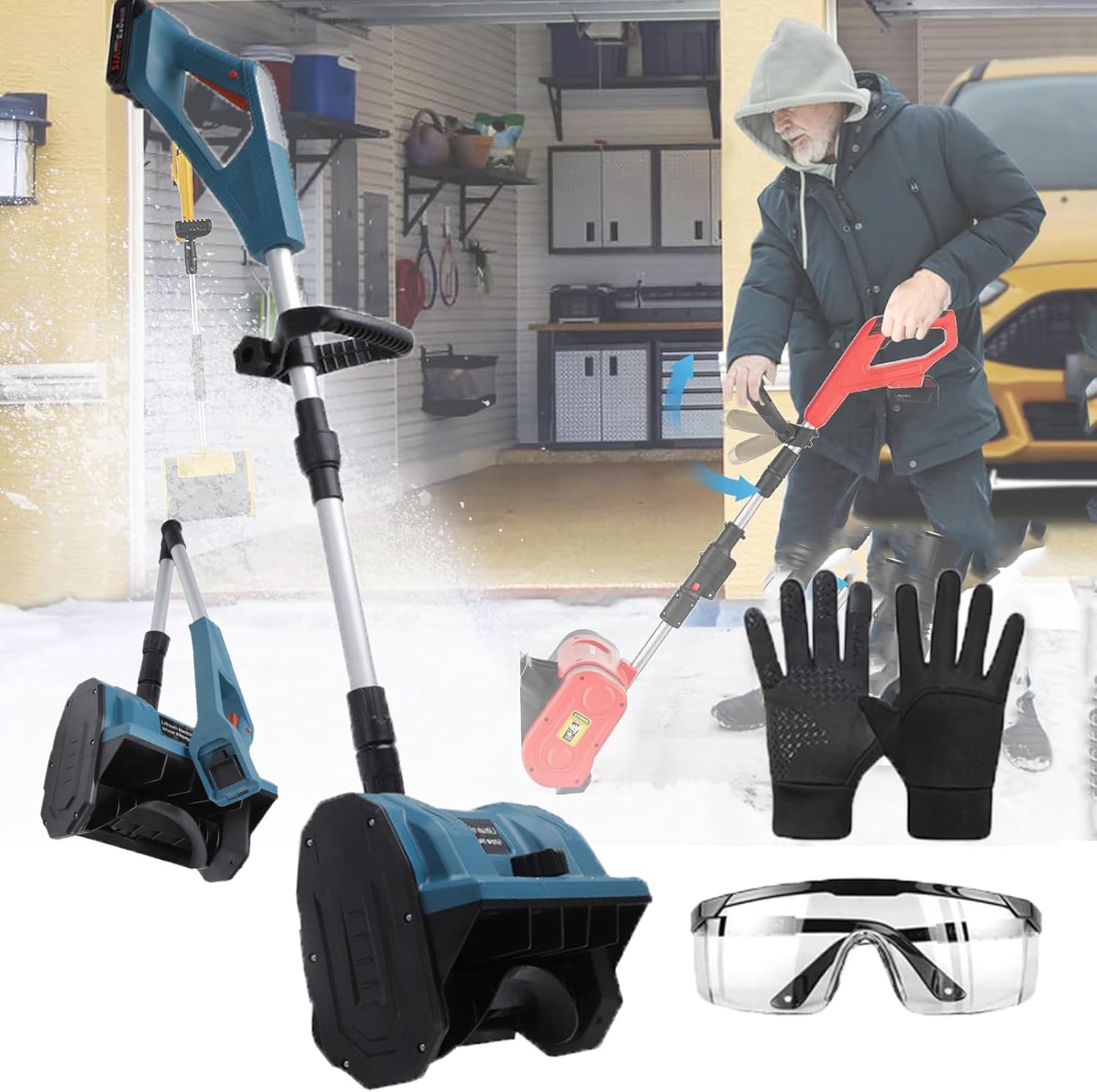 Cordless Snow Shovel, Battery Powered Folding Snow Blower, 3000mah Lithium-Ion Battery Pack and Quick Charger Included for Snow Removal,Blue-2Batteries