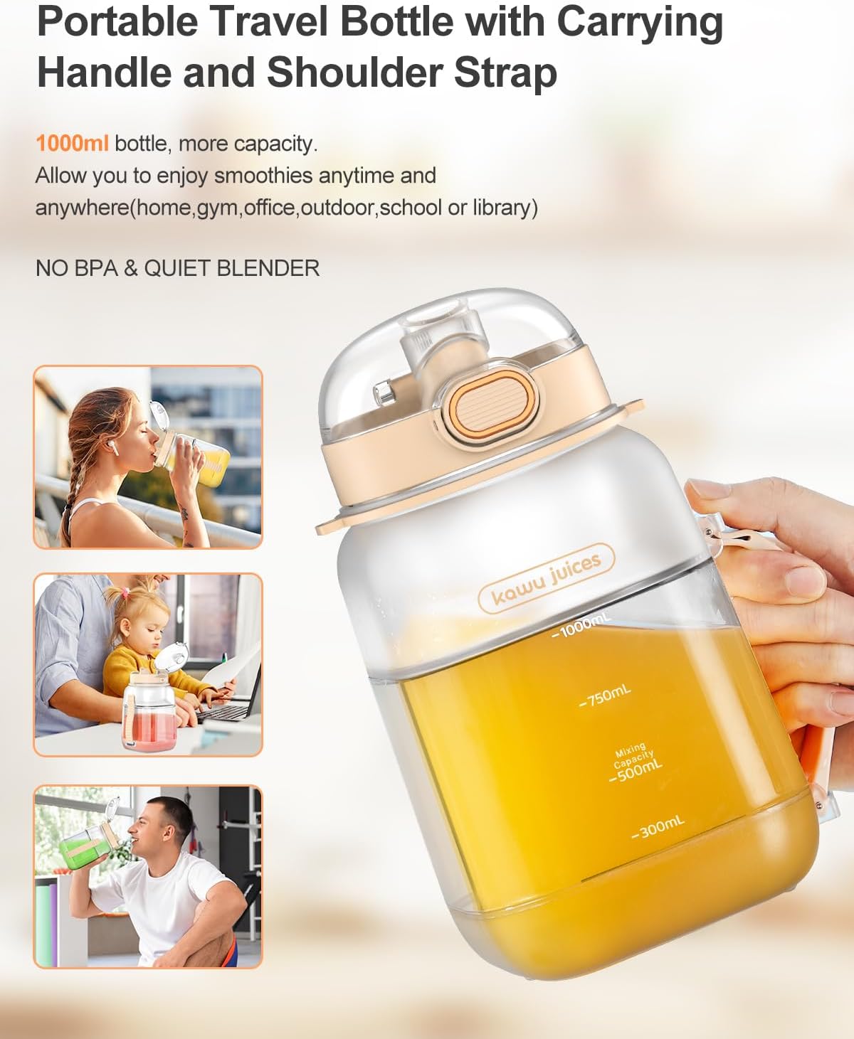 kawu Portable Blender, Portable Smoothie Blender On the Go, No-BPA, Shakes and Smoothies Leakproof-Lid and Sip Spout, USB-C Rechargeable, Recipes, with Handle/Strap, White