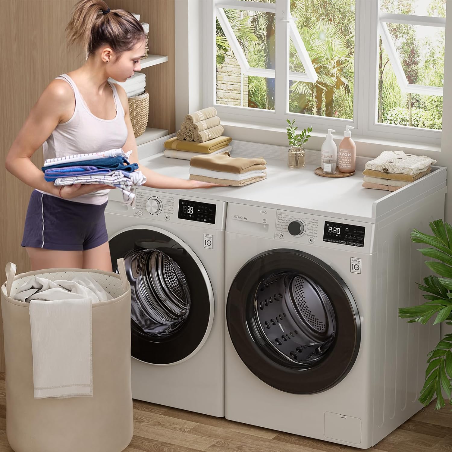 Aheaplus Washer and Dryer Countertop, Laundry Room Organization with Non-Slip Pads, Wood Shelf Topper with Round Corner Edge Rails, Folding Organizer for Laundry, 54