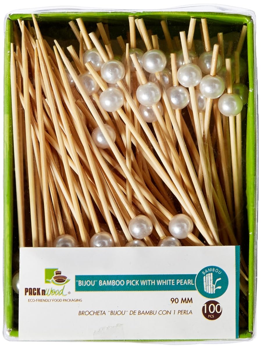 PACKNWOOD 209BB IJ9 - Bijou Bamboo Pick with White Pearl - White Pearl Bamboo Toothpicks - Biodegradable Party Skewer Picks - Pearl Cocktail Toothpicks - (3.5