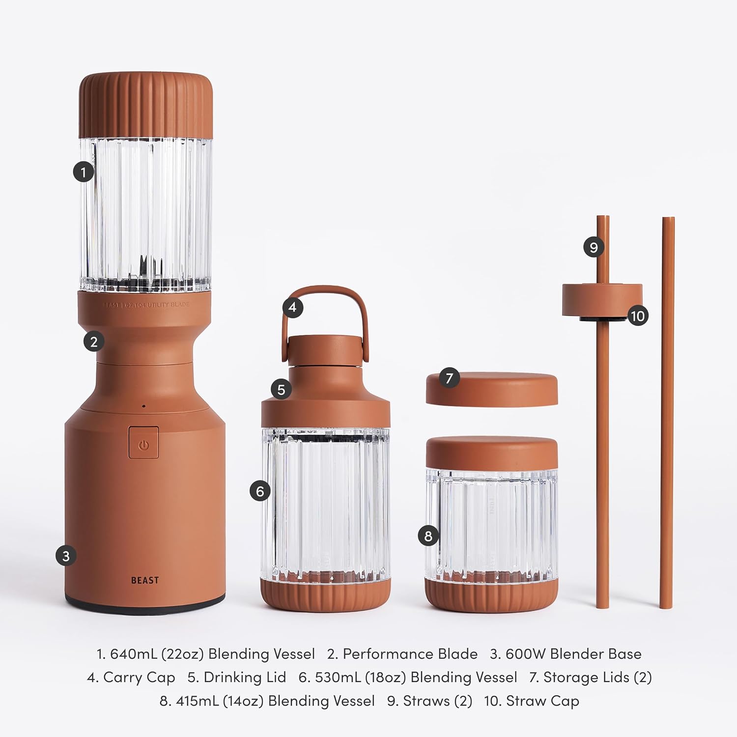 The Beast Mini Blender Plus | Mini Countertop Kitchen Blender | Blend Smoothies and Shakes, Dressings, Sauces, Dips | Extra Vessels, Straw Cap and Straws Included | 600W (Terra)