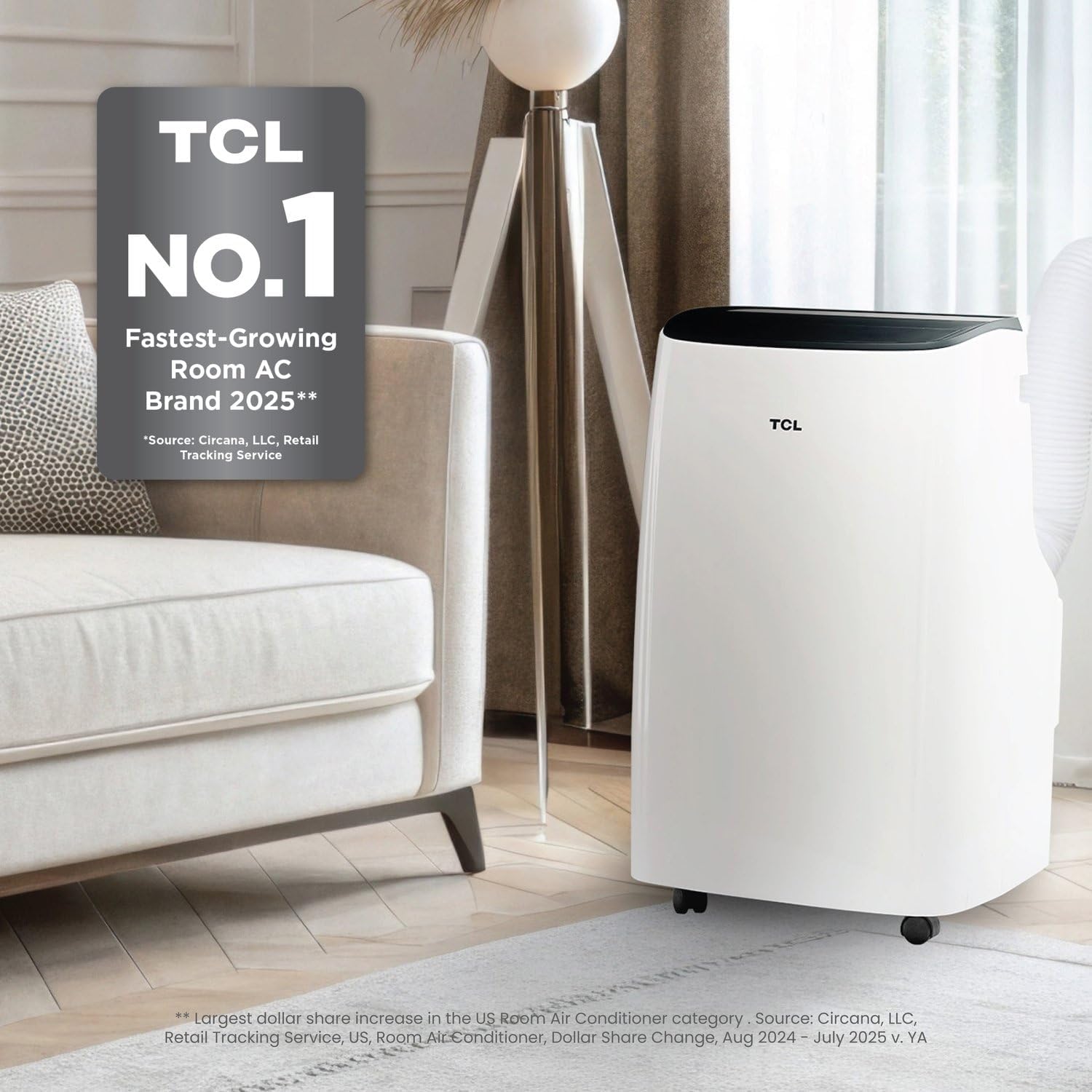 TCL H8P36W 8,000 SACC BTU Smart Portable Air Conditioner, Fan & Dehumidifier, 350 Sq. Ft, Remote Control, Compatible with Alexa/Google Assistant, Install Kit Included, White