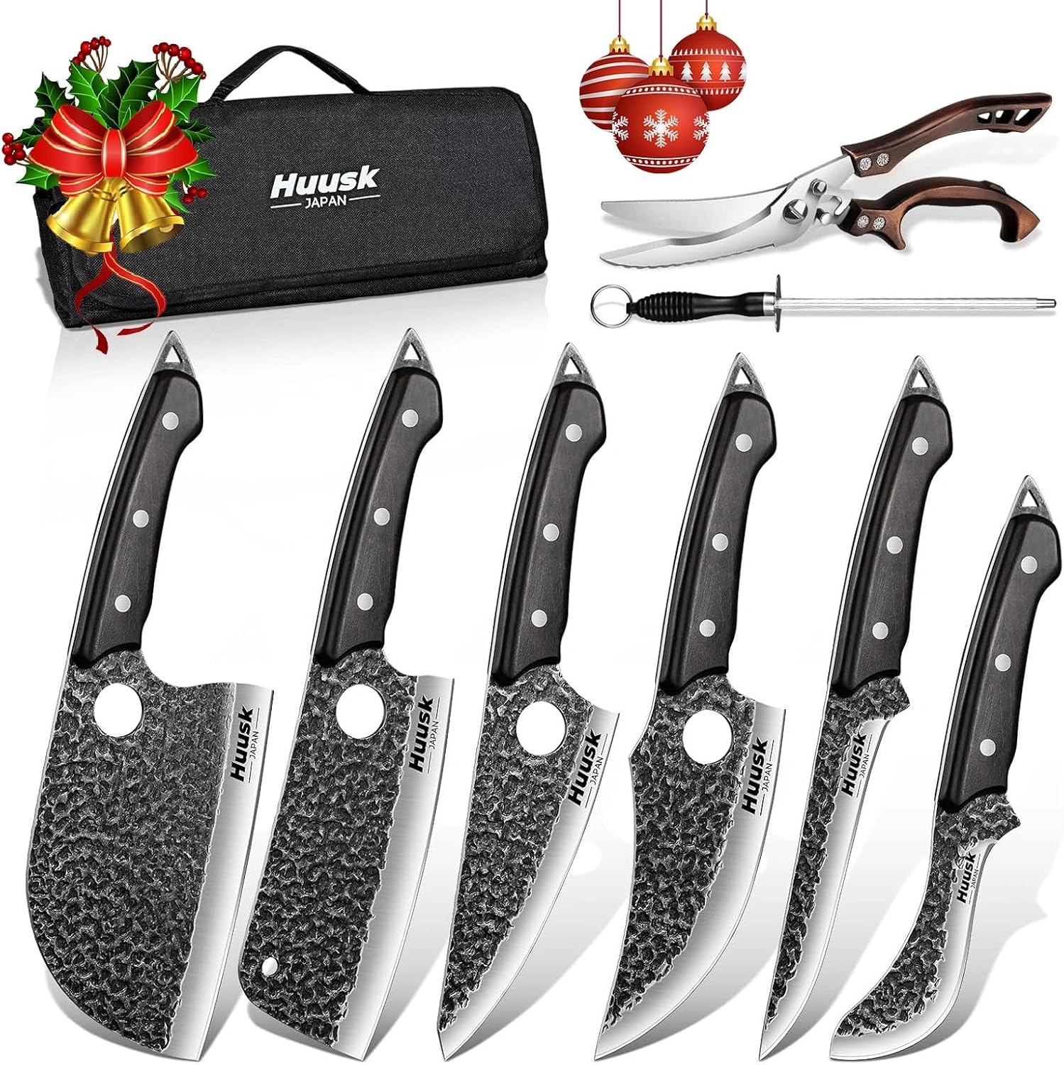 Huusk Serbian Chef Knife Set - 6Pcs Hand Forged Butcher Knife Set for Meat Cutting, Viking Boning Knives with Bag for Kitchen Outdoor BBQ Camping, Birthday Christmas Gift Idea Men