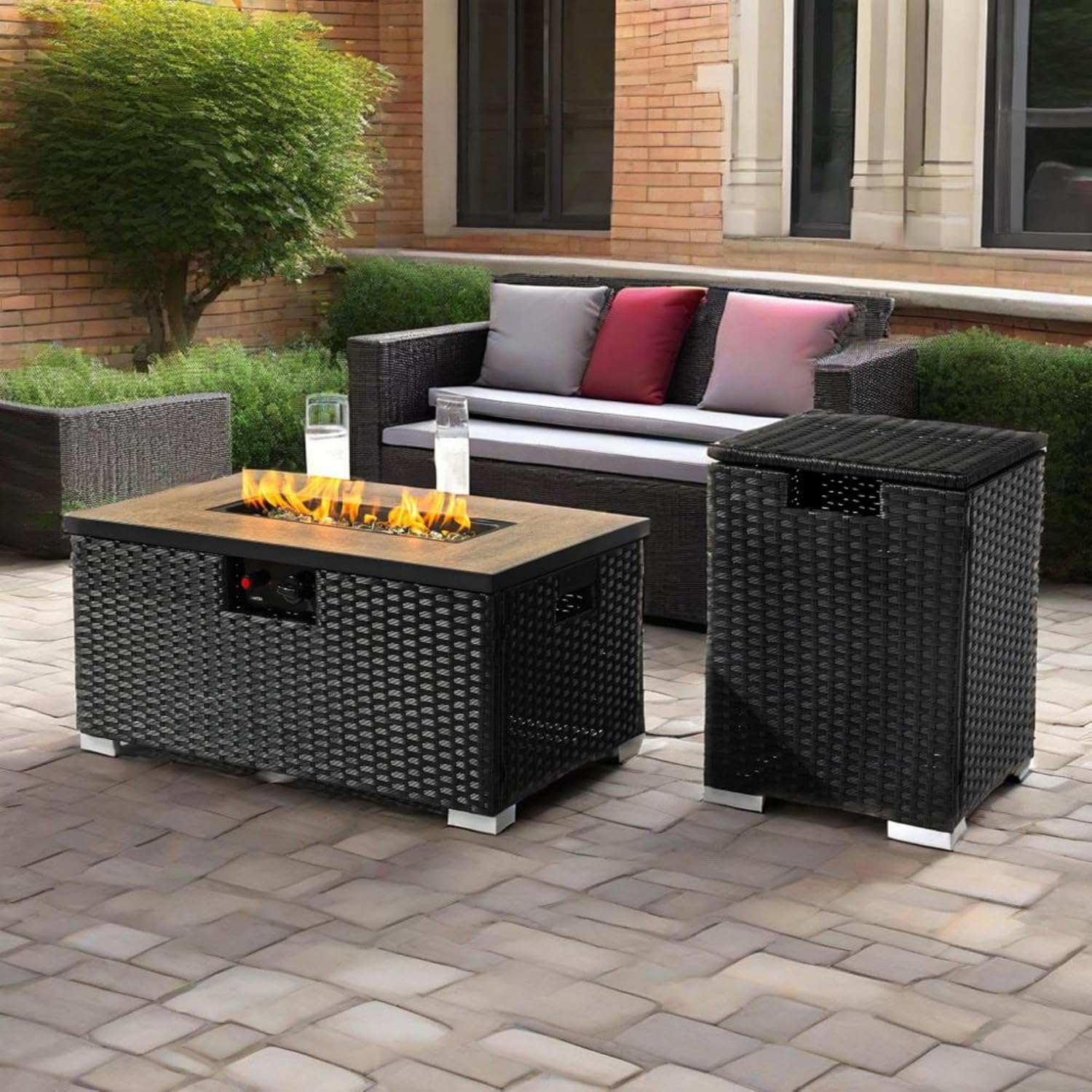 50000BTU 32 inch Rectangular Liquid Propane Fire Pit Table Ceramic Tile Top Dark Brown Resin Wicker Base Durable Steel Frame Complete Kit