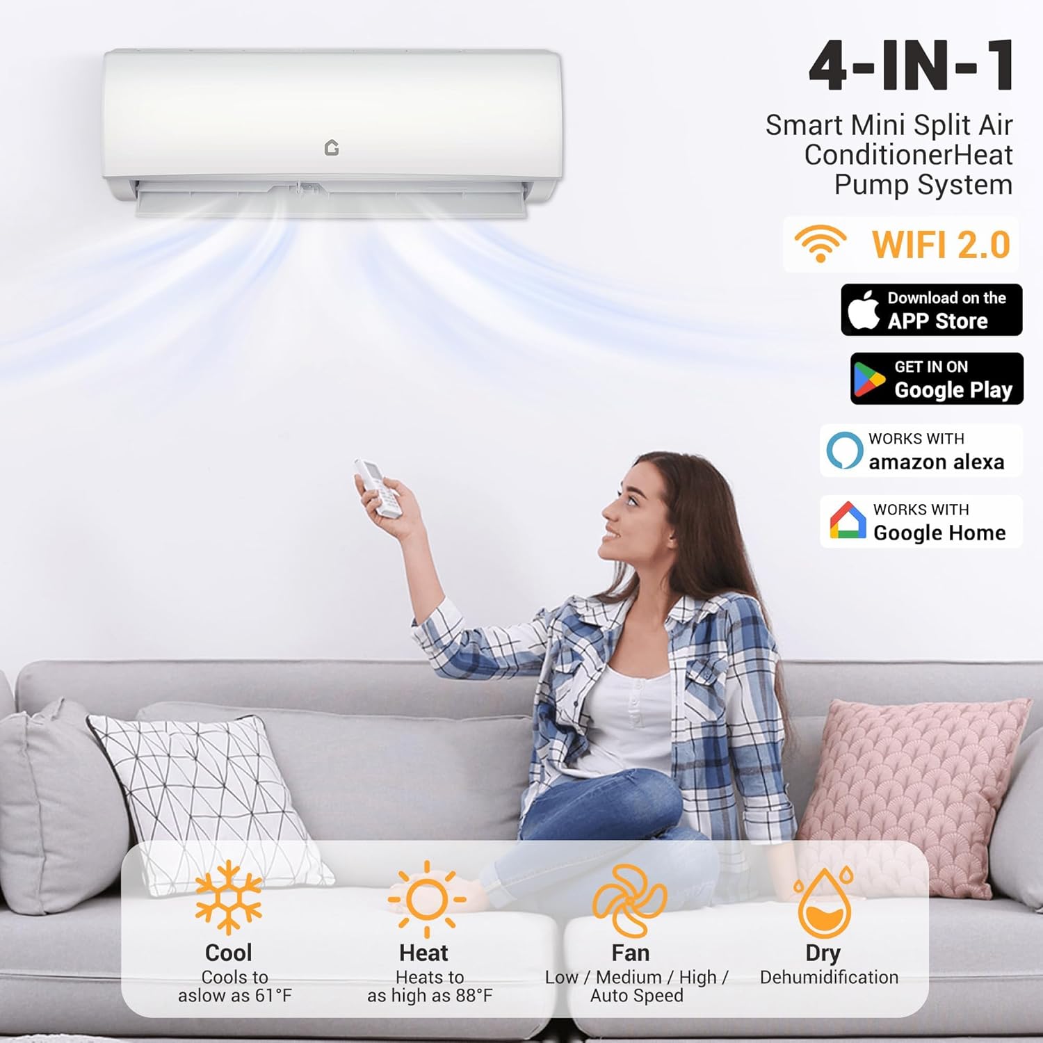 9000 BTU Mini Split Air Conditioner & Heater, 20 SEER2, Inverter, WiFi-Enabled, 230v, Ductless AC Unit with Heat Pump, Pre-Charged Condenser, Installation Kit, Compatible with Alexa/