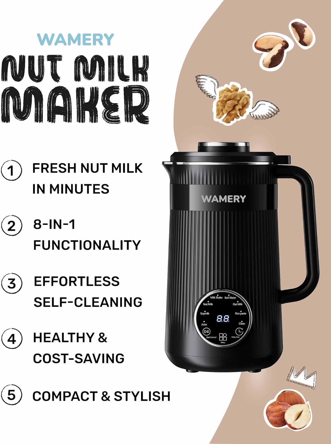 Wamery 32oz Nut Milk Maker Machine (Black) - Soy Milk Maker for Almond & Oat, Automatic Heated Programs, Self‑Cleaning, Delay Start, Keep Warm & Boil Water, 1‑Liter Capacity with Starter Accessories