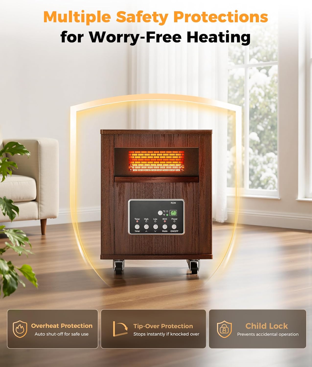 Infrared Space Heater for Indoor Use - 1500W Portable Box Heater with Wood Cabinet, Remote Control & 12H Timer, Quiet Electric Heater with Safety Protection for Bedroom Living Room Office