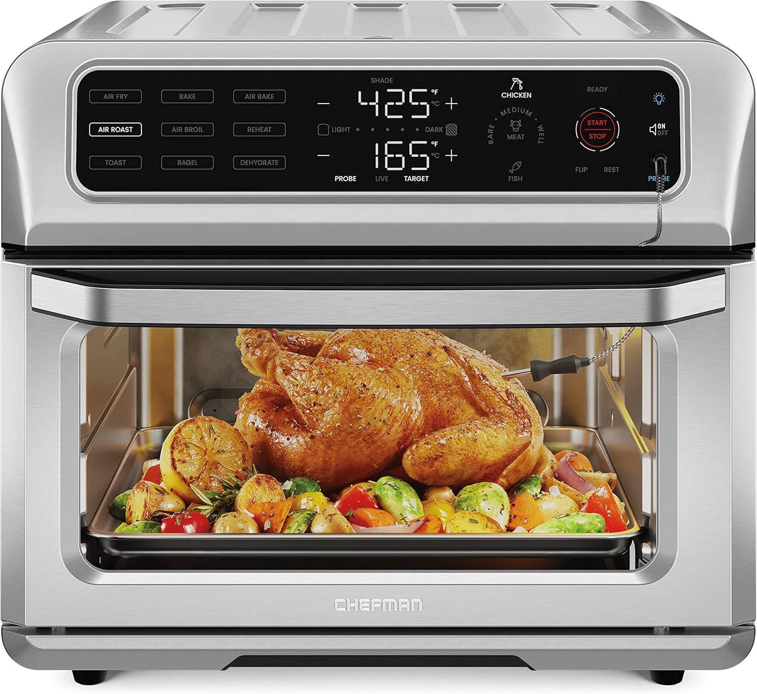 Chefman Air Fryer Toaster Oven Combo with Probe Thermometer, 12-In-1 Stainless Steel Convection Countertop, 10 Inch Pizza, 4 Slices of Toast, Cooking, Baking, Toasting, Roaster Oven Airfryer 20QT