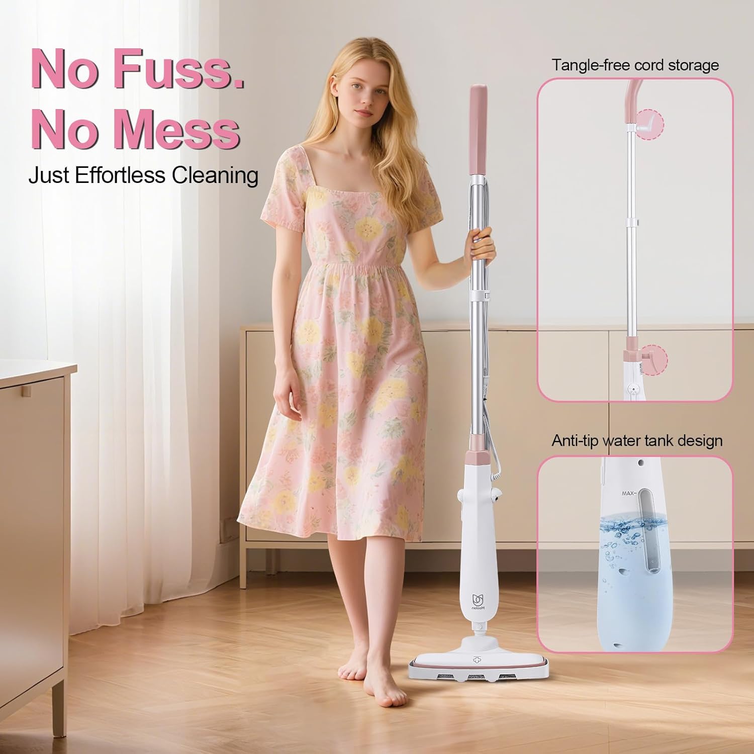 Moolan Steam Mop, 15s Fast Heat-Up Steam Cleaner with 2 Washable Pads, Chemical-Free Hard Floor Cleaning for Carpet, Tile, Laminate, Hardwood, Self-Standing with Adjustable Handle