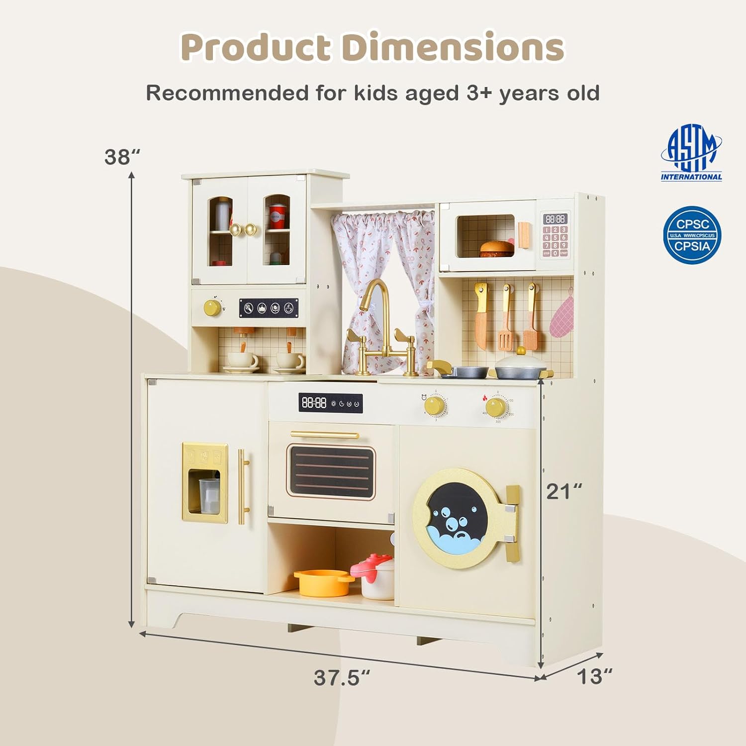 Costzon Kids Play Kitchen, Wooden Toy Kitchen Playset w/Ice Maker, Coffee Maker, Washing Machine, Curtain, Microwave & Oven, Pretend Toy Kitchen w/Storage for Boys and Girls Aged 3+