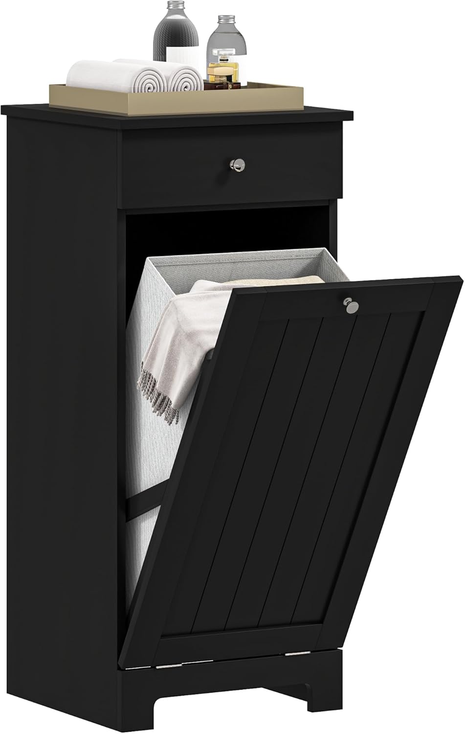 HOMCOM Laundry Cabinet with Removable Basket, Tilt Out Laundry Hamper with Drawer and Beadboard Door, Bathroom Hamper Cabinet, Black