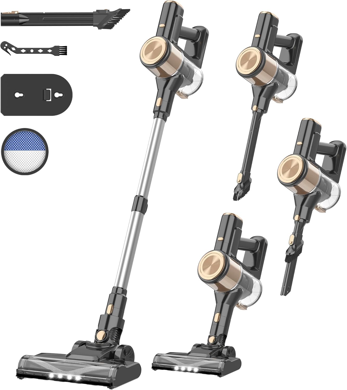 N17 Cordless Vacuum Cleaner, Upgraded Lightweight Stick Vacuum for Home, 45mins Runtime, Powerful Suction, Self-Standing, Anti-tangle, Rechargeable Vacuum for Hard Floor Carpets Pet Hair (Gold)