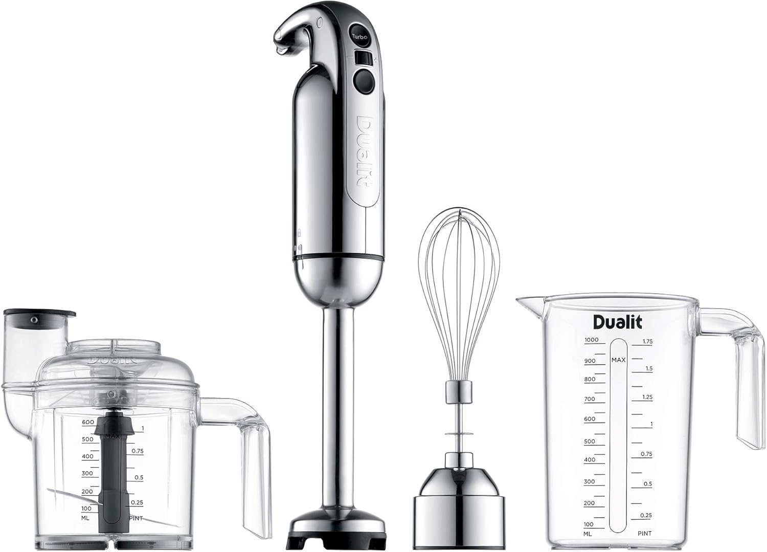 Dualit Immersion Blender Set | Immersion Blender with Chopping Bowl, Whisk & 35.1 fl oz Measuring Jug | 700W with Turbo Speed | Chrome