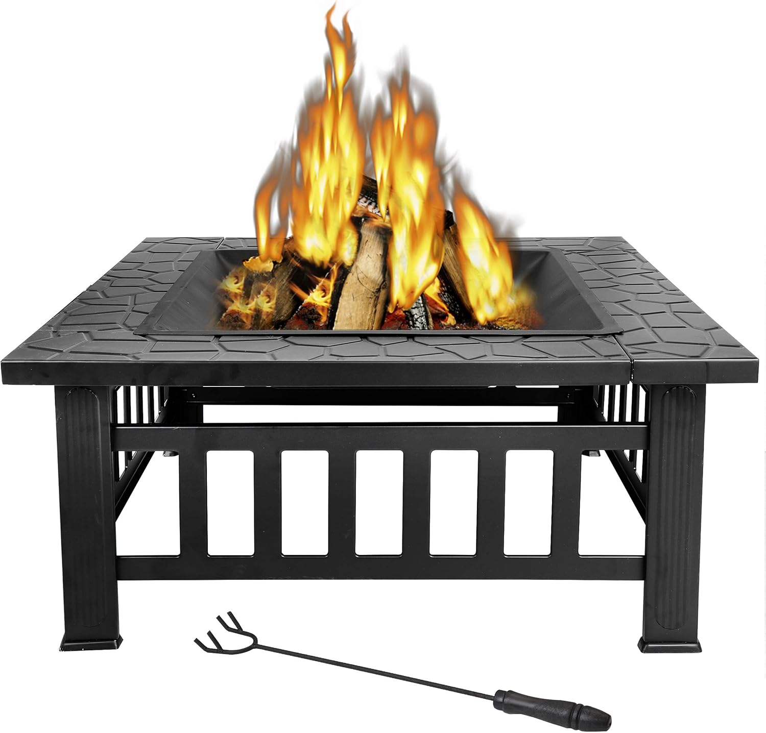 ZenStyle 32” Heavy Duty Square Fire Pit Outdoor Metal Firepit Wood Burning Fireplace w/Waterproof Dust Cover Patio Backyard Garden Stove Faux-Stone Finish