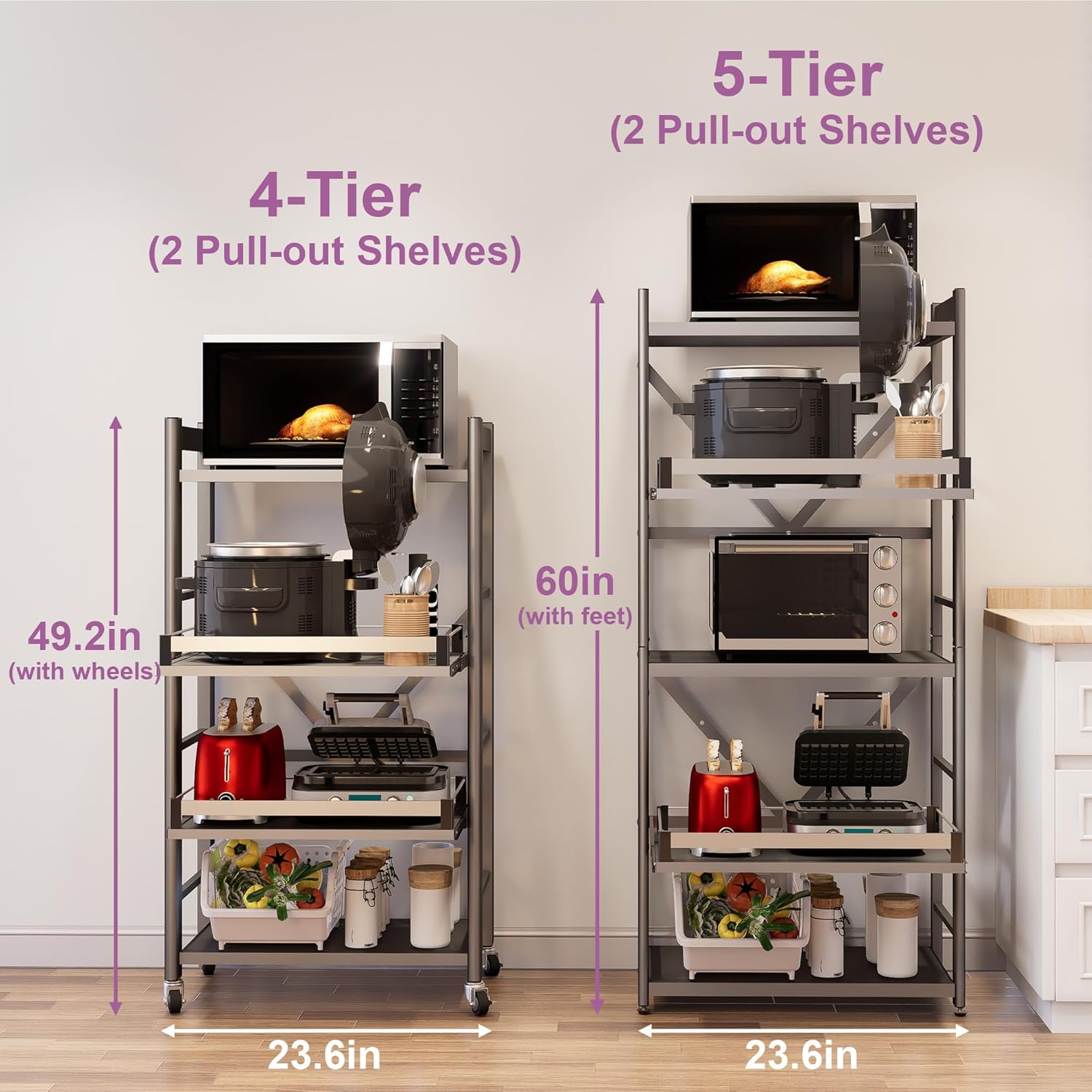 4-Tier Pull Out Kitchen Baker's Rack with Wheels, Heavy Duty Metal Microwave Stand with Storage, Adjustable Ktichen Shelves Freestanding, Rolling Utility Storage Cart (23.6''W x 49.2''H)