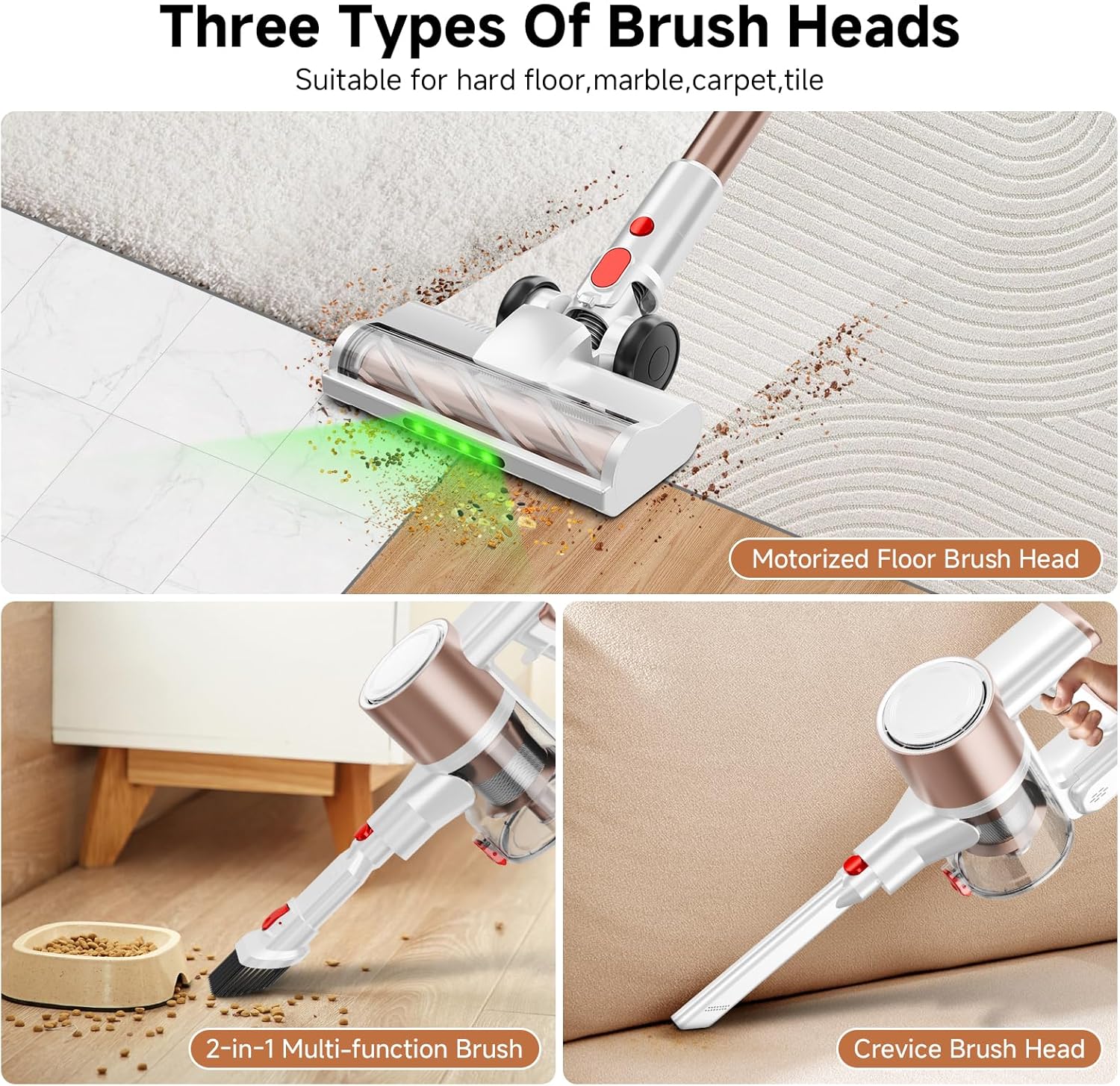 Cordless Vacuum Cleaner, 500W/40Kpa Vacuum Cleaners for Home, Stick Vacuum Cordless with LED Display, Anti-Tangle & Wall Mount, 8 in 1 Lightweight Vacuum for Hard Floors Pet Hair(Gold)