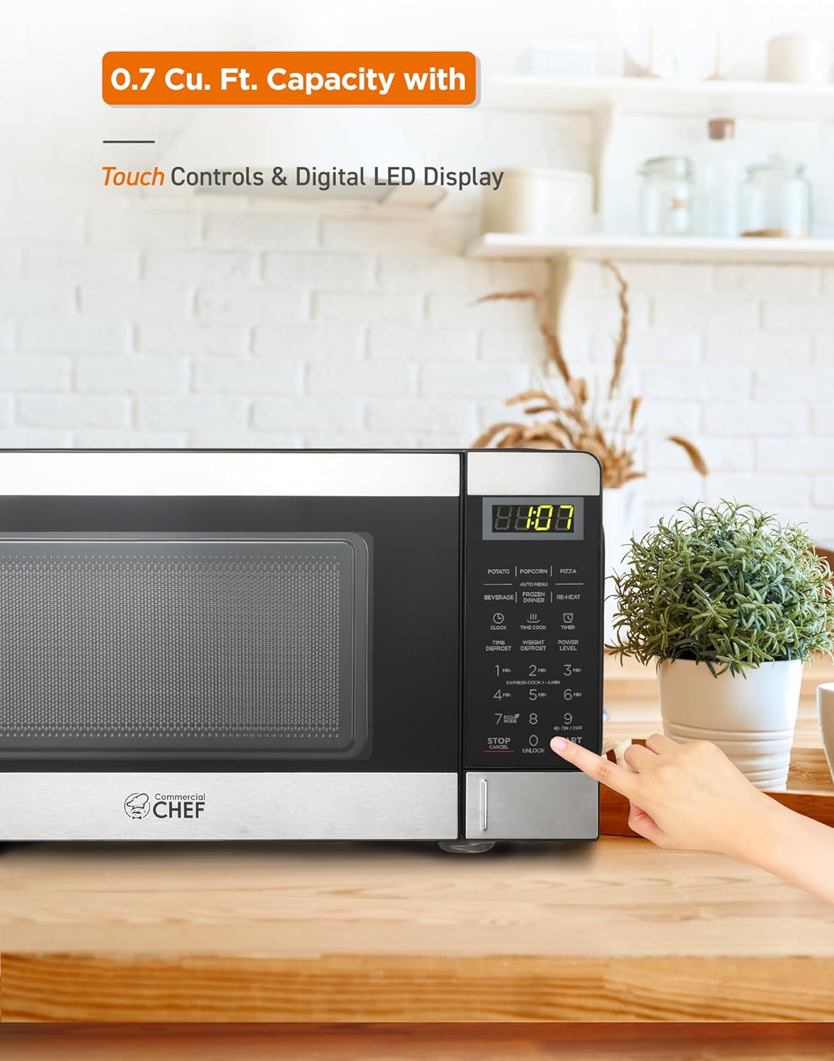 COMMERCIAL CHEF 0.7 Cubic Foot Microwave with 10 Power Levels, Small Microwave with Push Button, 700W Countertop up to 99 Minute Timer and Digital Display, Stainless Steel
